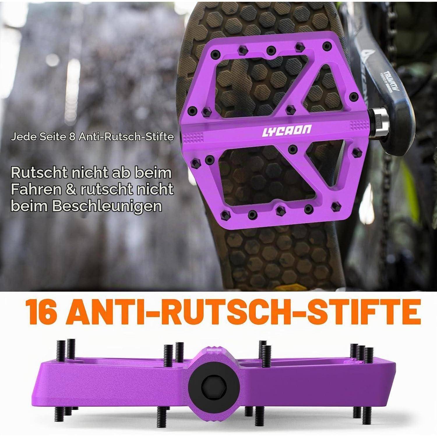 Violettes Fahrradpedal mit 16 rutschfesten Stiften, dargestellt montiert an einem Fahrrad und in Seitenansicht; deutscher Text besagt, dass es beim Fahren oder Beschleunigen nicht rutscht.