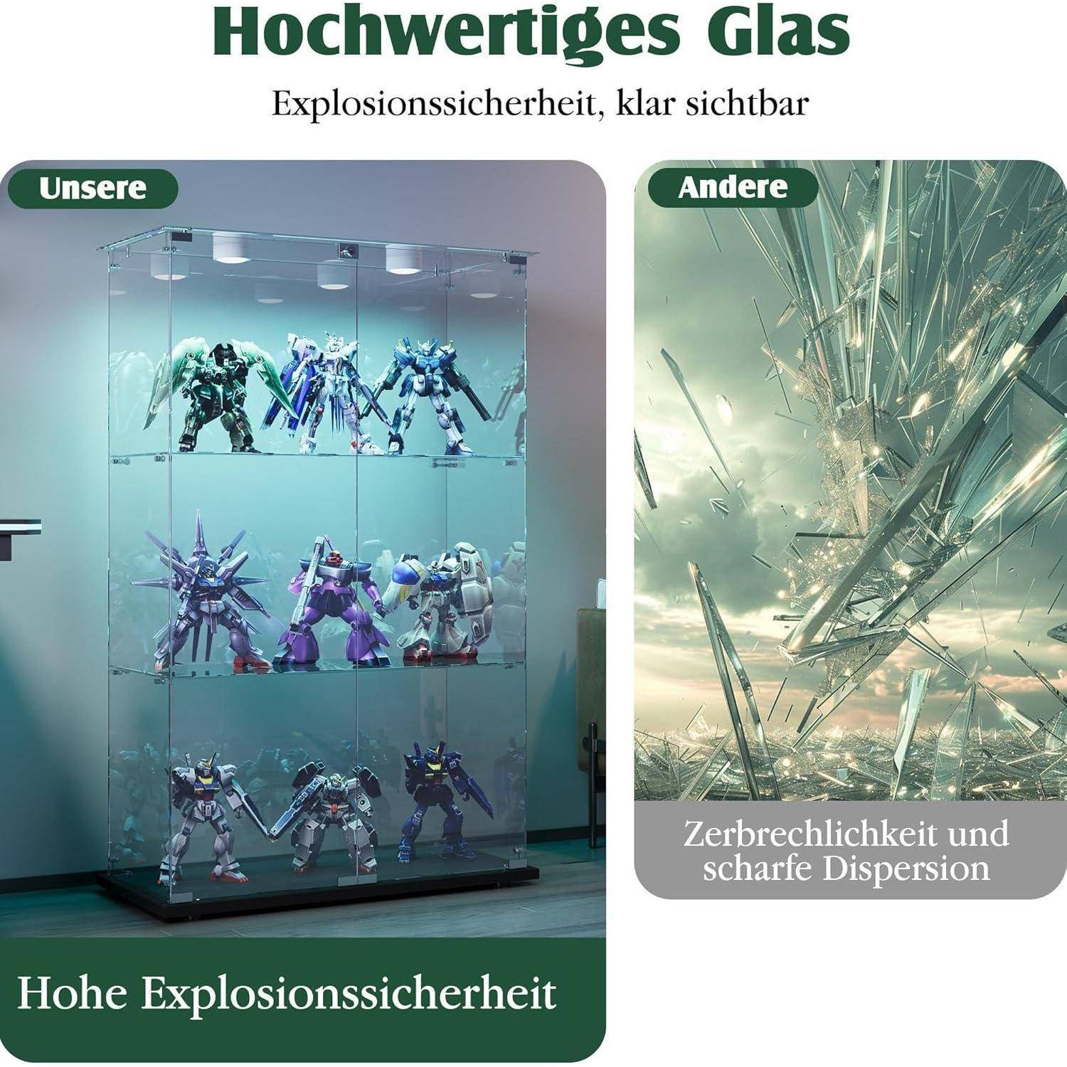 Vergleichsanzeige für hochwertige Glassorten: Links wird eine Vitrine mit Roboterfiguren gezeigt, die mit „Unsere