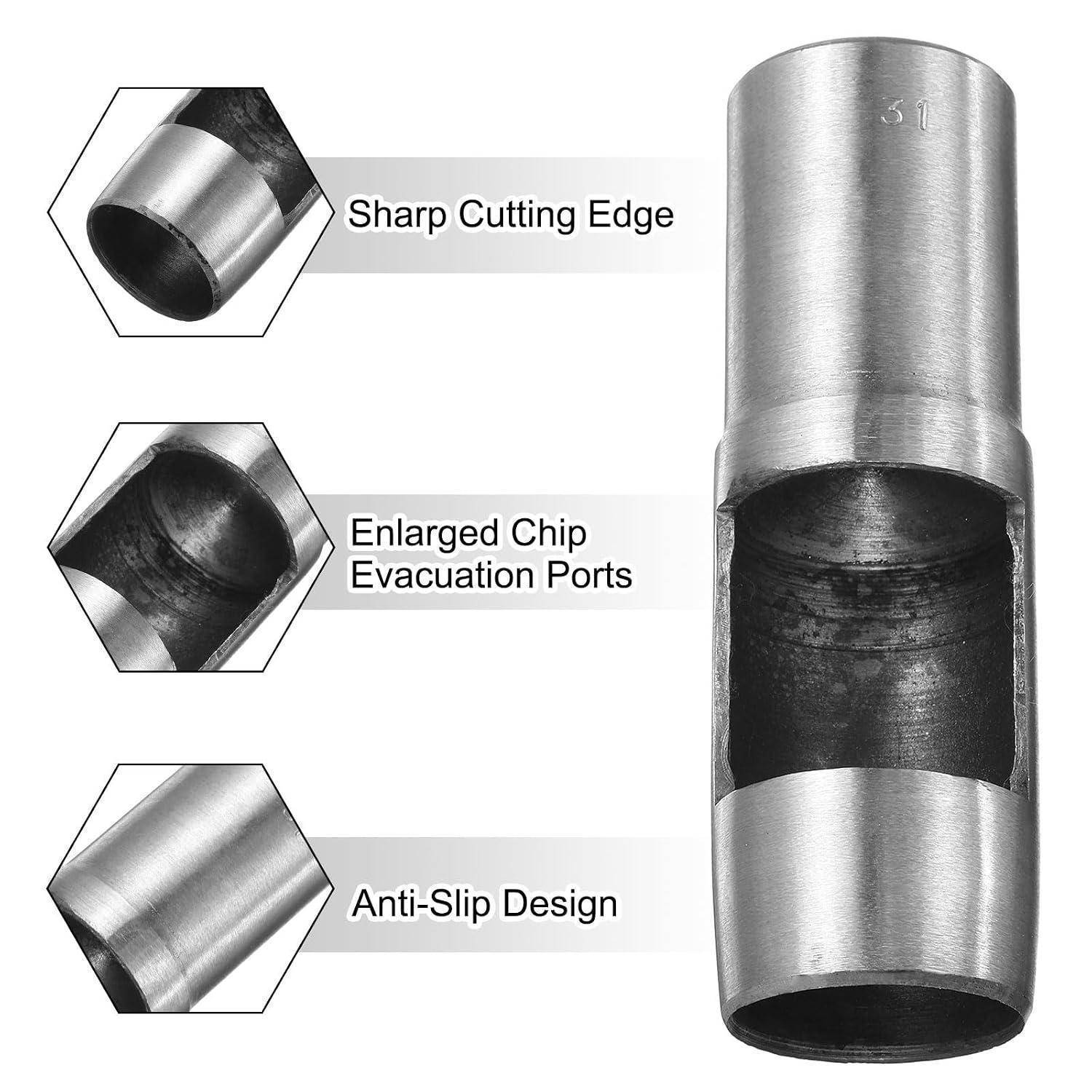 Diagramm eines Metallschneidewerkzeugs mit scharfer Schneidkante, vergrößerten Spanabfuhrlöchern und rutschfestem Design.