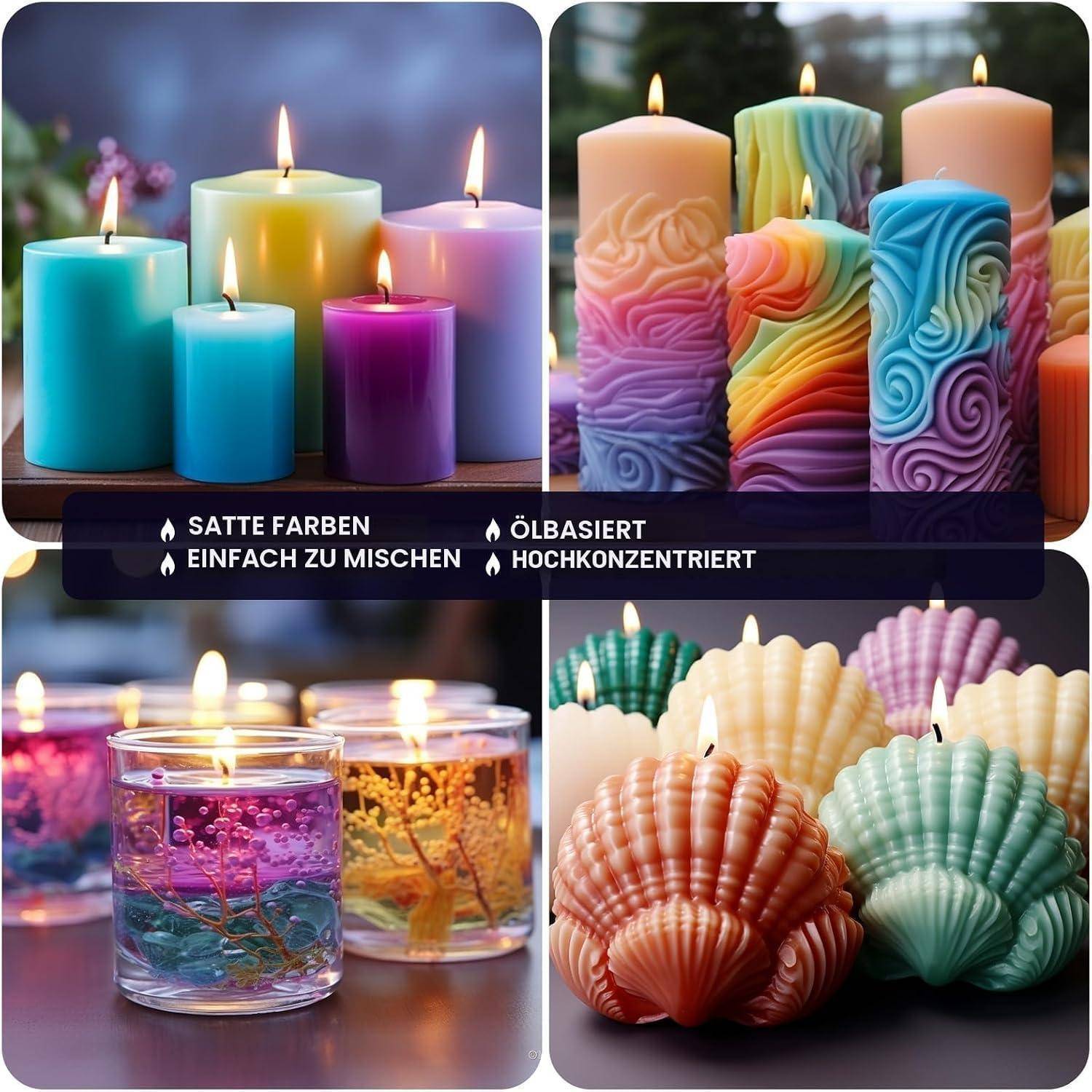Collage von bunten dekorativen Kerzen in Gläsern und Muschelformen mit Verlauf- und Strukturdesigns; Text sagt „SATTE FARBEN