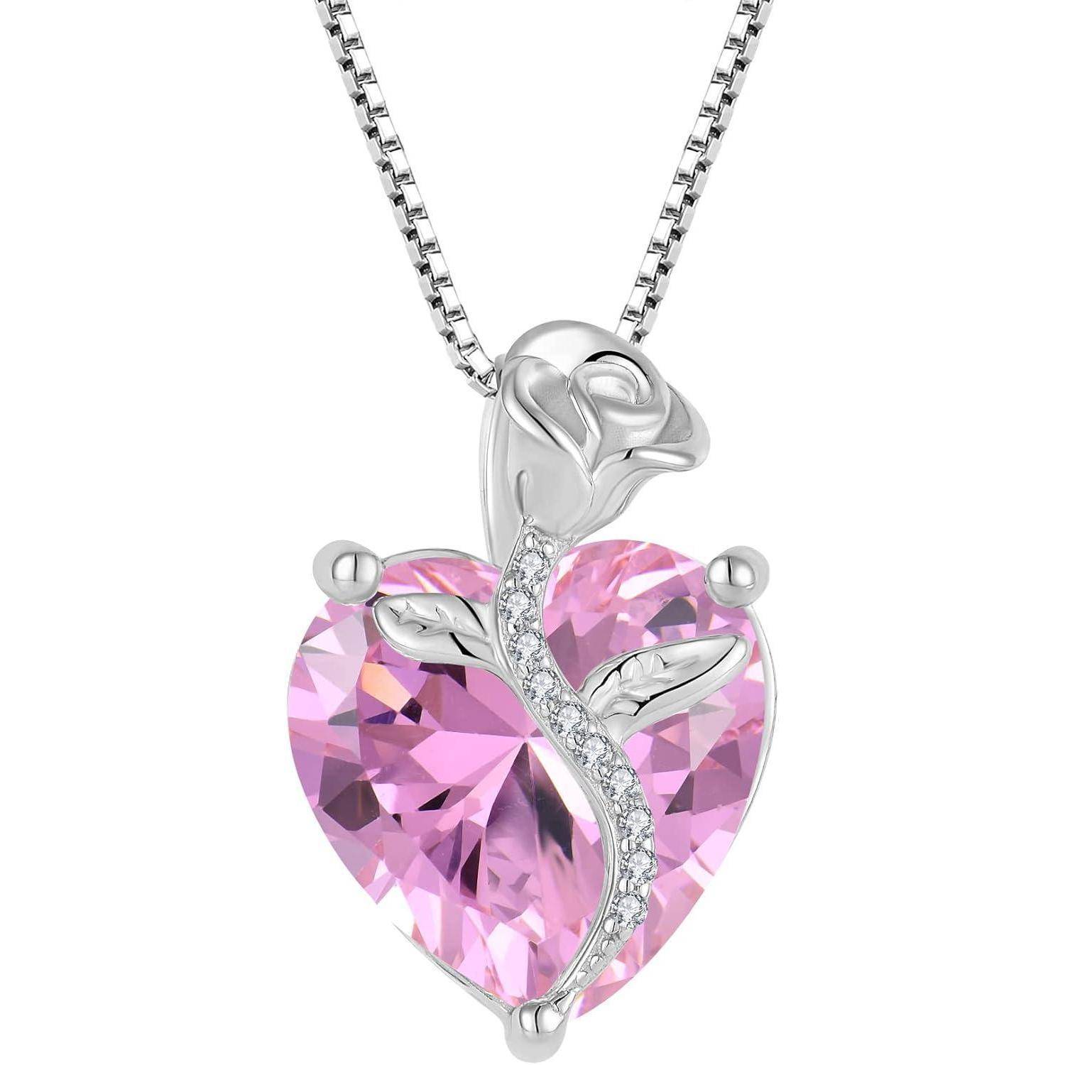 FJ Herz Kette Damen 925 Sterling Silber Geburtsstein Kette Anhänger Rose Blume Schmuck Geschenke für Frauen Mutter Freundin Mama 10 Oktober - Rosa