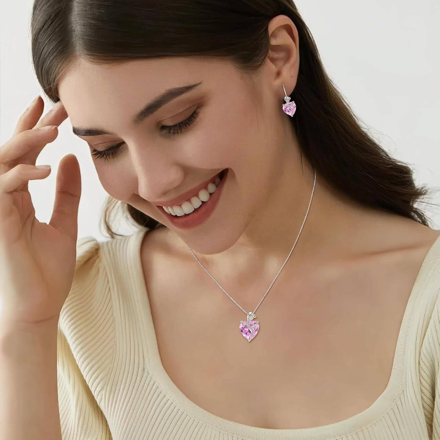 FJ Herz Kette Damen 925 Sterling Silber Geburtsstein Kette Anhänger Rose Blume Schmuck Geschenke für Frauen Mutter Freundin Mama 10 Oktober - Rosa