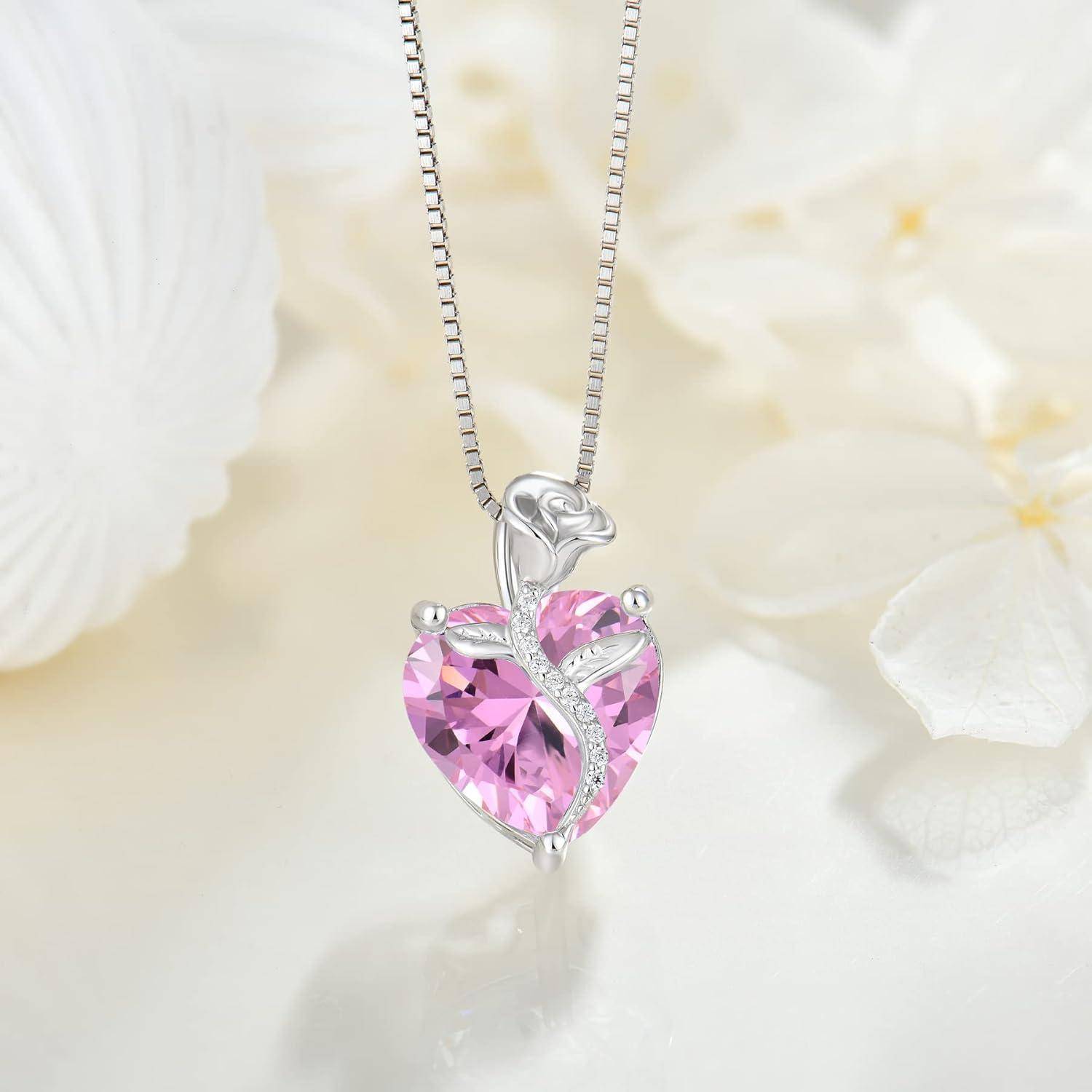 FJ Herz Kette Damen 925 Sterling Silber Geburtsstein Kette Anhänger Rose Blume Schmuck Geschenke für Frauen Mutter Freundin Mama 10 Oktober - Rosa