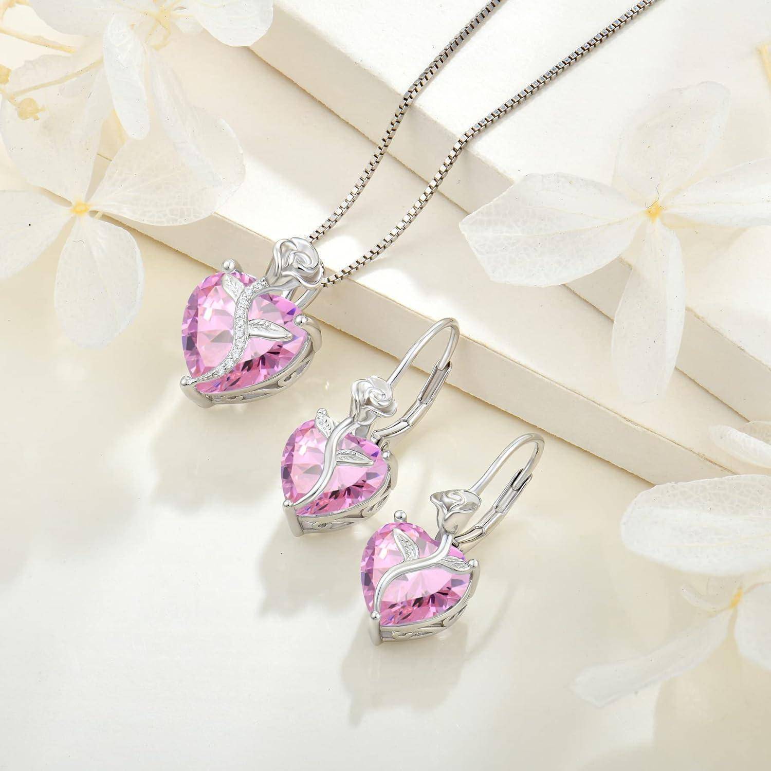 FJ Herz Kette Damen 925 Sterling Silber Geburtsstein Kette Anhänger Rose Blume Schmuck Geschenke für Frauen Mutter Freundin Mama 10 Oktober - Rosa