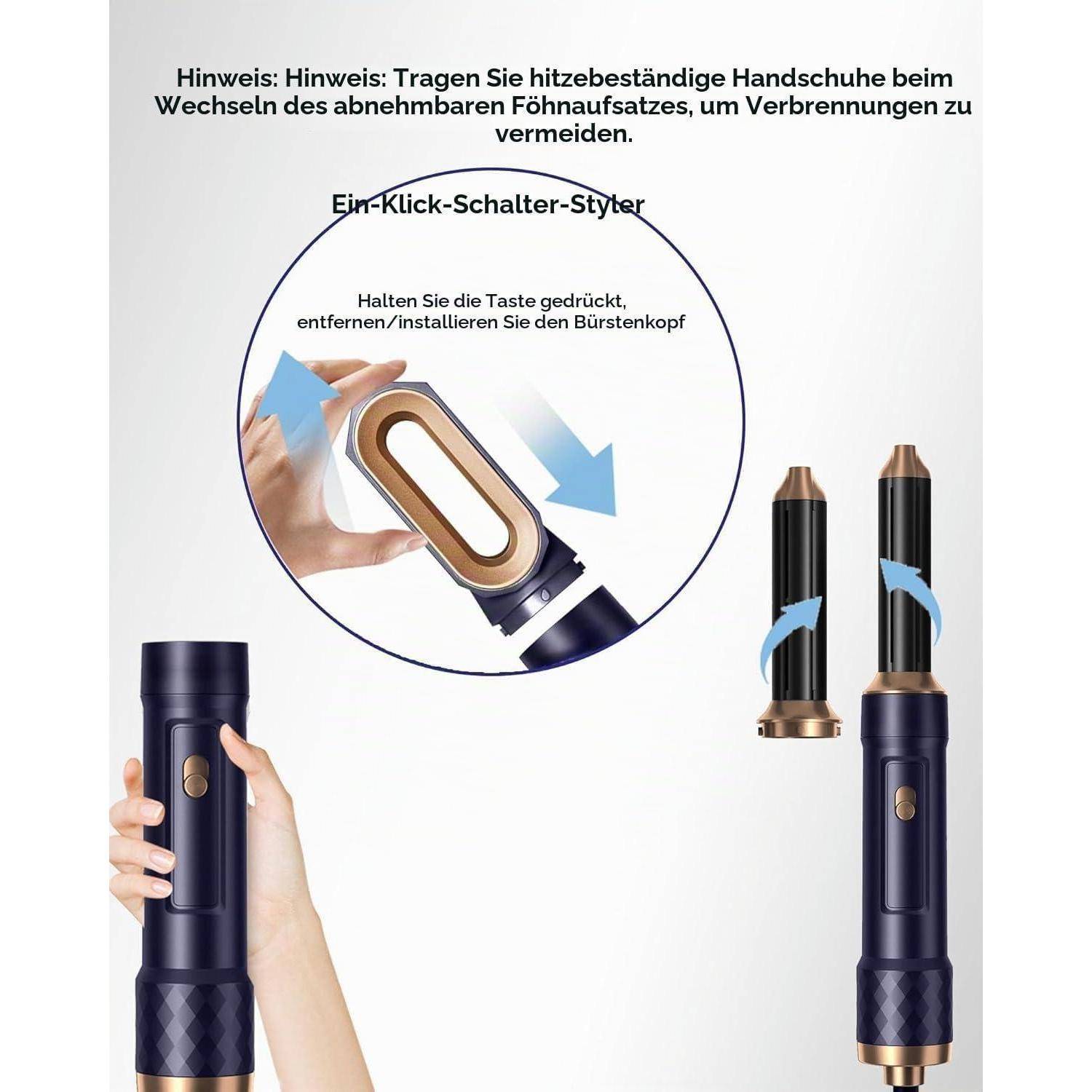 Bedienungsanleitung mit Diagramm für einen kabellosen Haarstyler mit Ein-Klick-Schalter zum Entfernen und Anbringen des Bürstenkopfs sowie einer Warnung, hitzebeständige Handschuhe beim Wechsel der Aufsätze zu tragen.