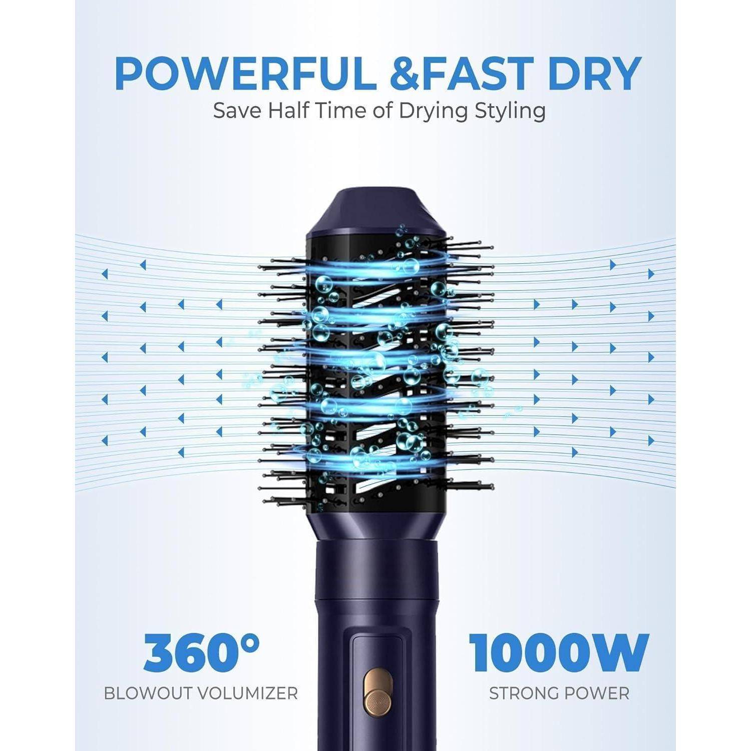 Werbebild eines Haartrockners/Volumizers mit Luftstromvektoren; der Text lautet „POWERFUL & FAST DRY