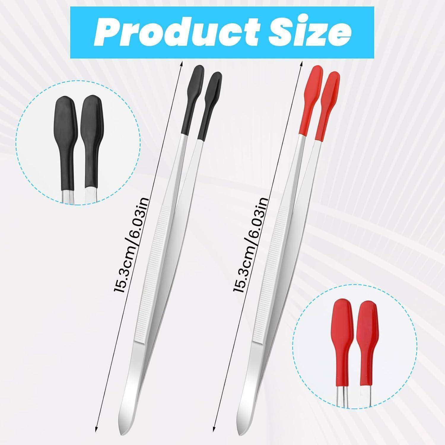 Größentabelle für Produkte mit Pinzetten 15,3 cm/6,03 Zoll lang, mit Griffoptionen in Schwarz und Rot sowie detaillierten Nahaufnahmen des Griffs.