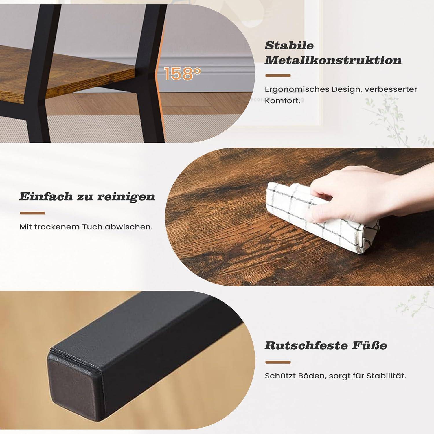 Produktmerkmale-Collage mit einem Stuhl: stabile Metallkonstruktion mit ergonomischem Design von 158°, leicht zu reinigen mit einem Tuch und rutschfeste Füße für Stabilität und Bodenschutz.