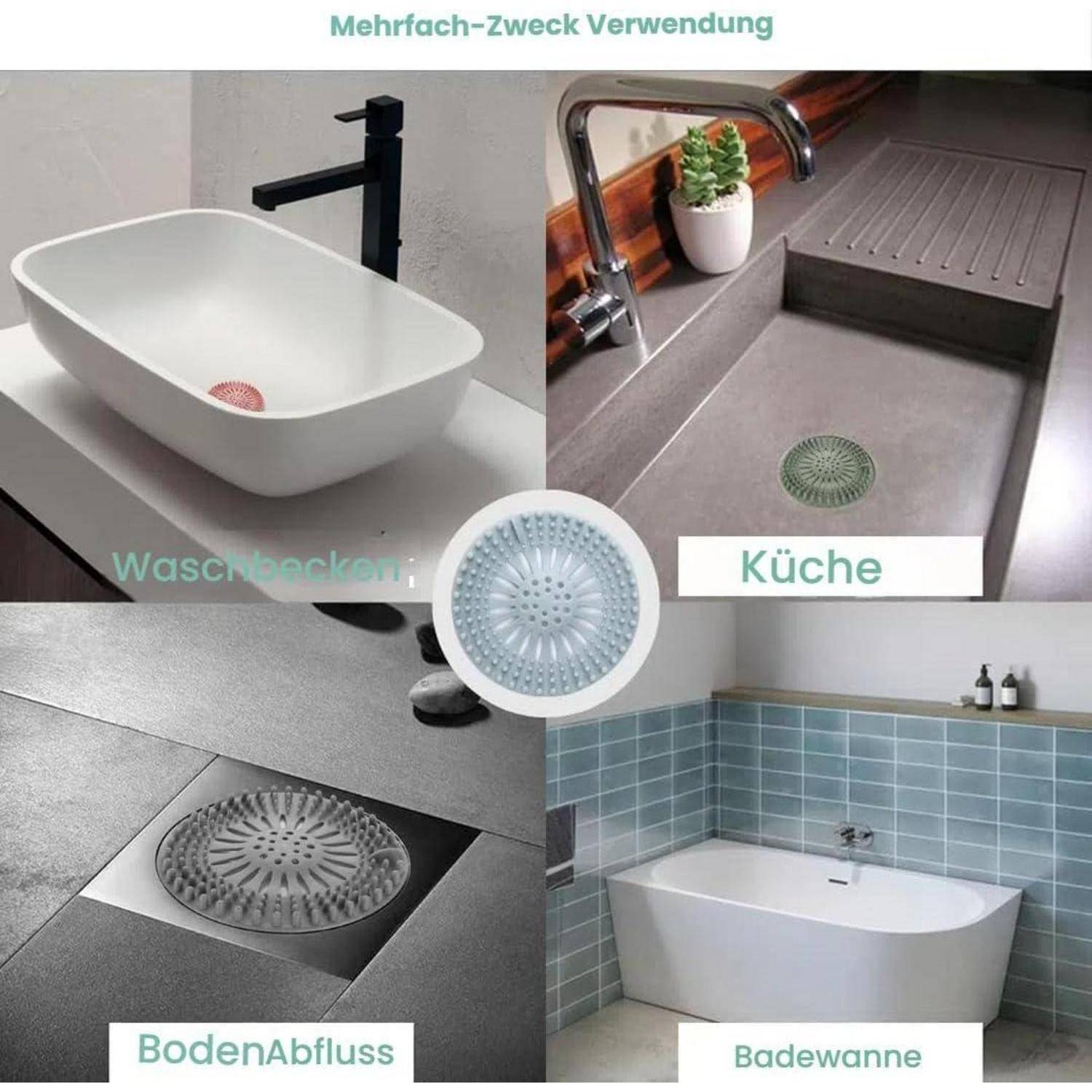 Collage, das ein rundes Ablaufgitter in mehreren Anwendungsbereichen zeigt: Waschbecken, Küchenspüle, Bodenablauf und Badewanne.