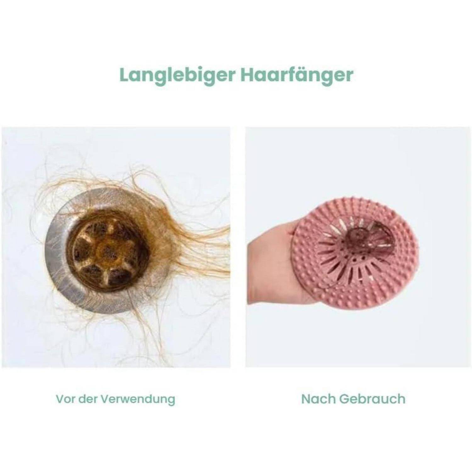 Vorher und nachher eines Haarfängers: verstopftes Abflusssieb mit Haaren auf der linken Seite, gereinigter rosa Fänger in der Hand auf der rechten Seite.
