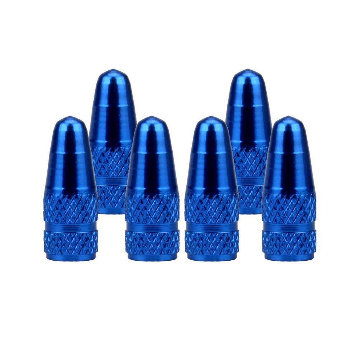 Sechs blaue Metallventilschaftkappen in Kugelform, die in zwei Reihen auf weißem Hintergrund angeordnet sind.
