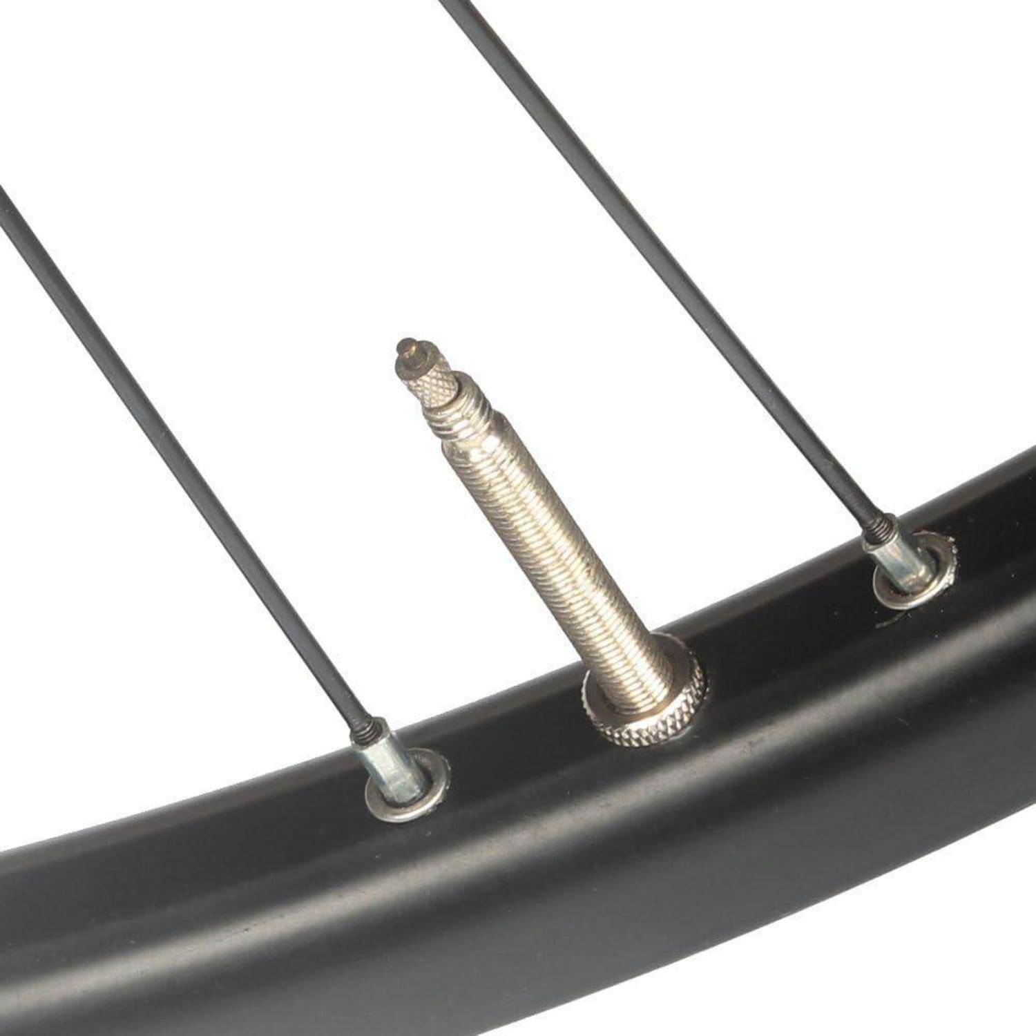 Nahaufnahme einer Fahrradfelge mit Speichen und einem aus der Felge herausragenden Metallventilschaft des Presta-Ventils.