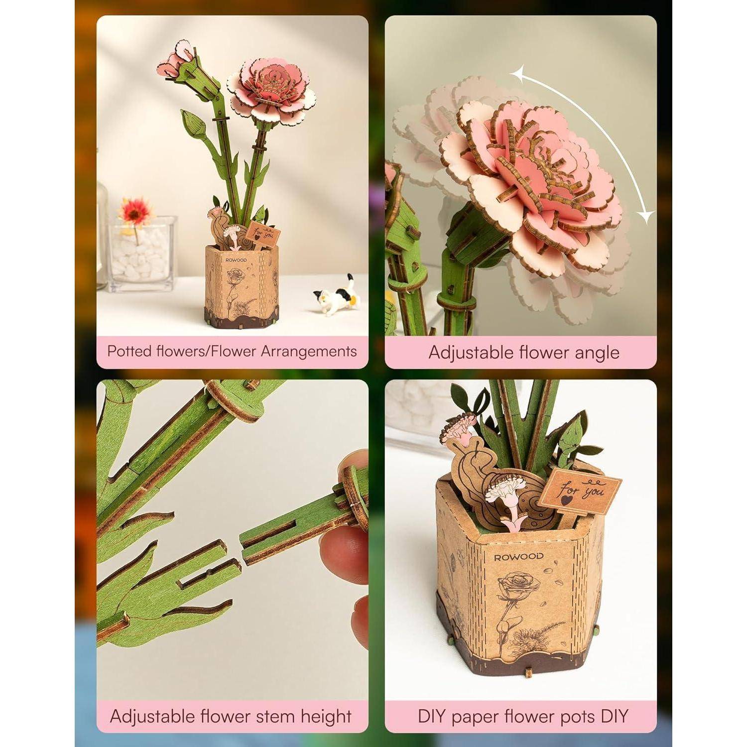 Vierteiliges Produktkollage, das einen DIY-Papierblumentopf mit verstellbarem Blütenwinkel und Stielhohe zeigt; Bildunterschriften heben Topfblumen, Winkelverstellung und Stielhöhenverstellung hervor.