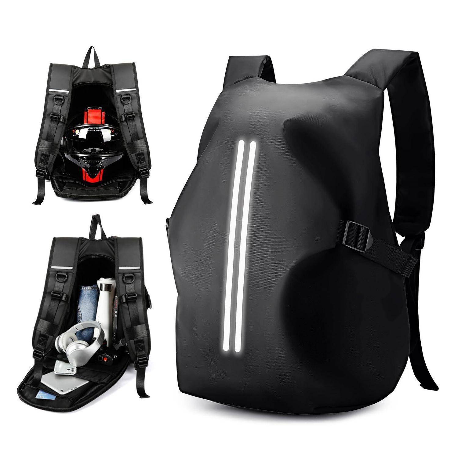 Schwarzer Rucksack mit reflektierendem Vorderstreifen, geschlossen und offen dargestellt, um Helm, Kopfhörer, Wasserflasche und Laptop-Speicher zu zeigen.