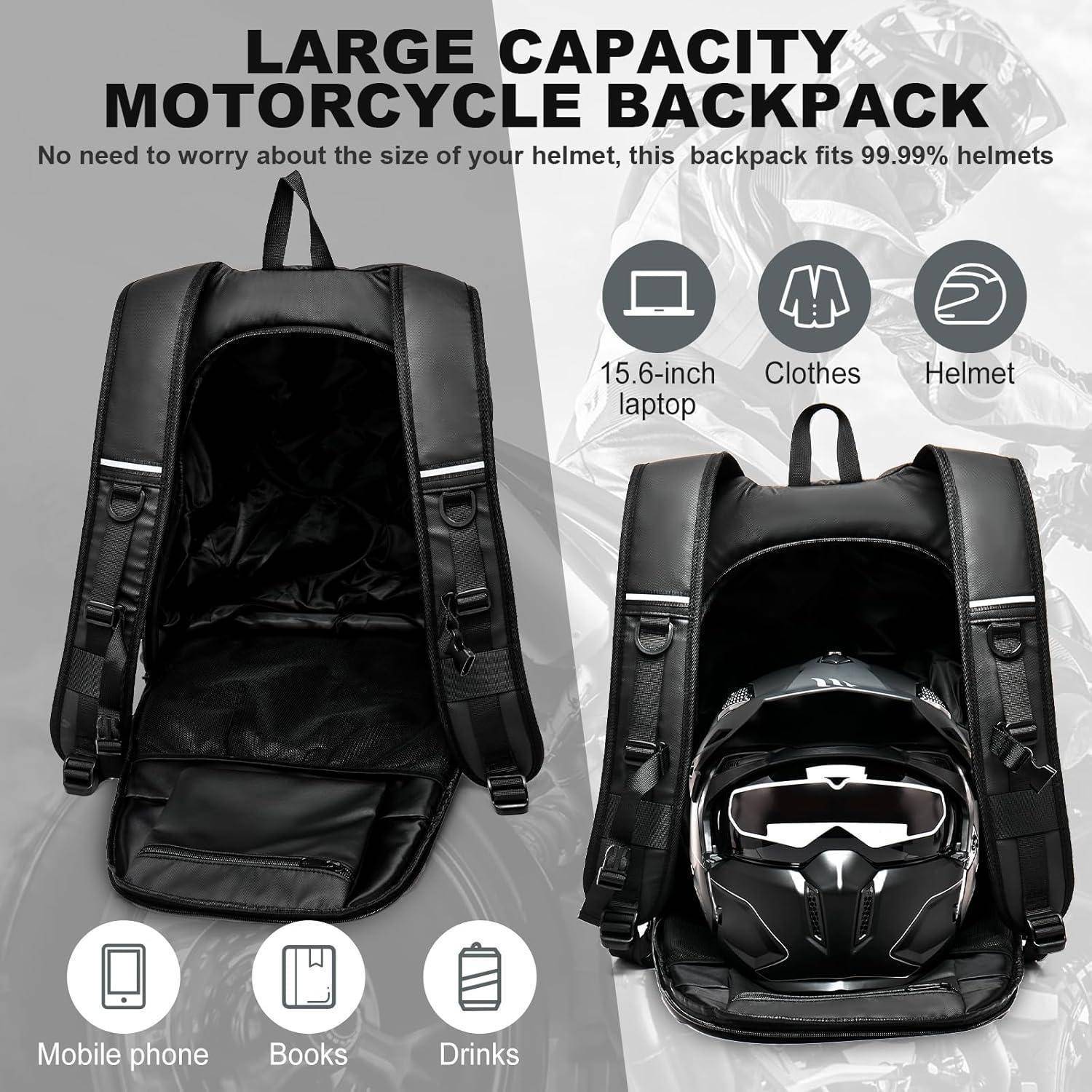 Großer Motorradrucksack, offen gezeigt, mit Symbolen, die angeben, dass er einen 15,6-Zoll-Laptop, Kleidung, Helm, Mobiltelefon, Bücher und Getränke aufnimmt.