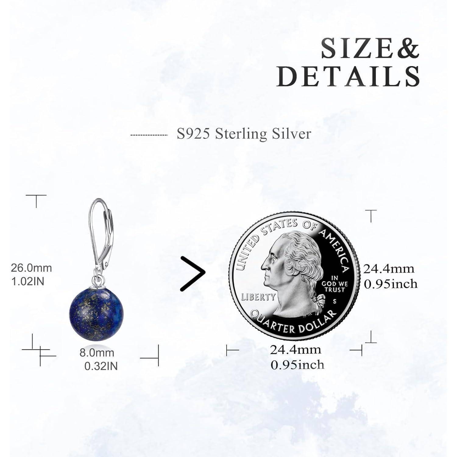 Größendetails für S925-Sterlingsilber-Ohrringe: 26,0 mm lang, 8,0 mm Perle; zum Vergleich mit einer 24,4 mm Münze.