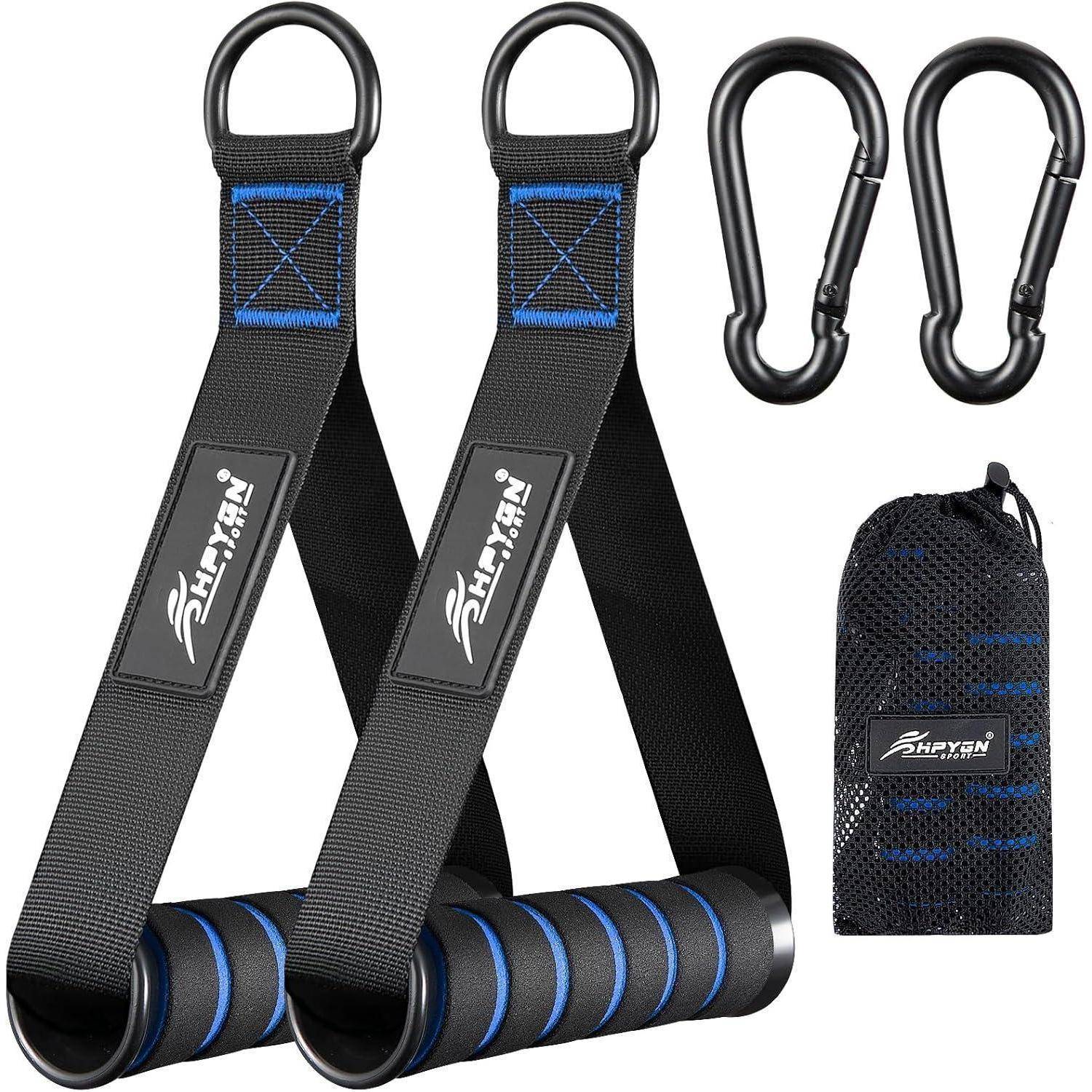 Übungs-Suspensionstrainer-Set mit zwei gepolsterten Griffen, zwei Karabinern und einer Mesh-Tragetasche auf weißem Hintergrund.