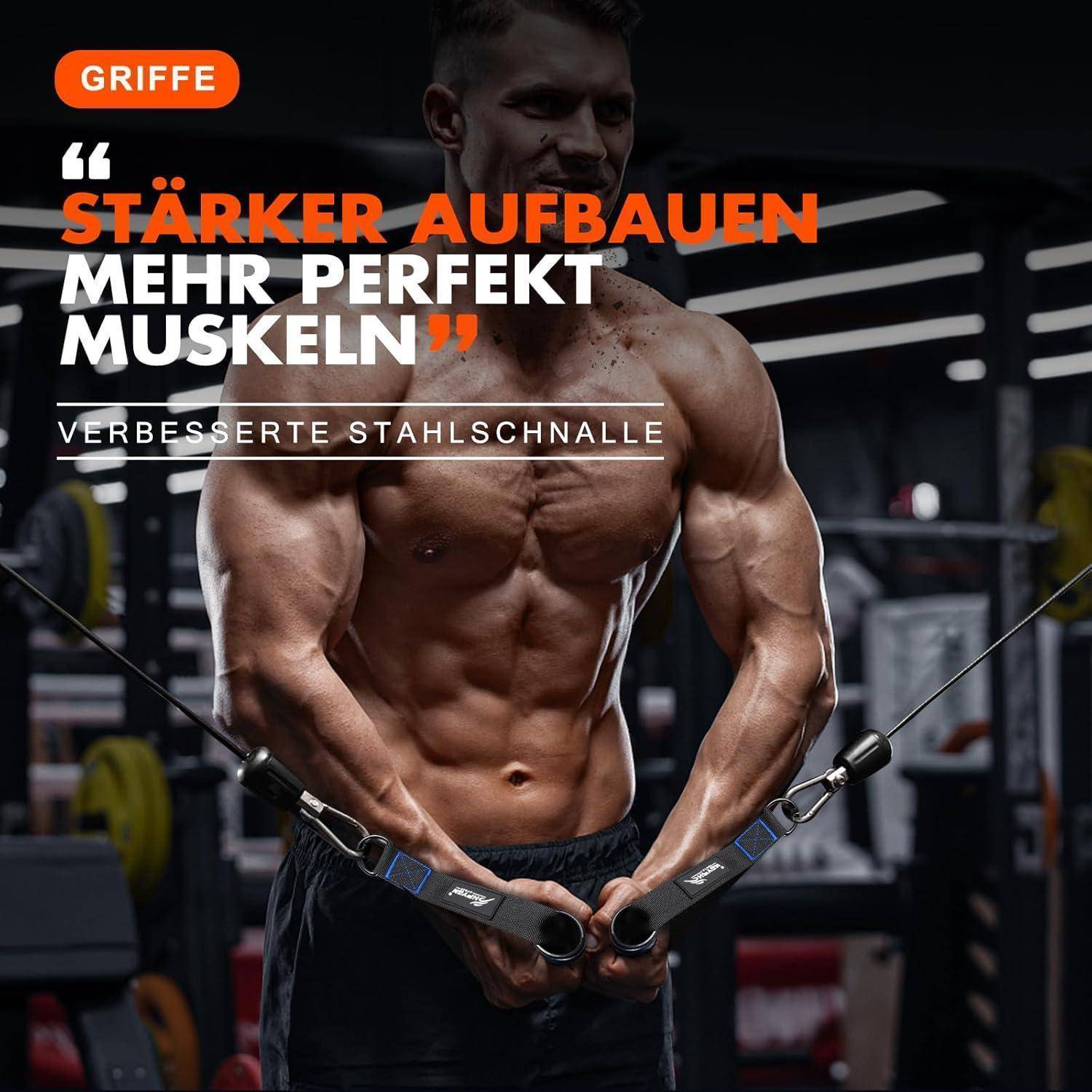 Muskulöser Mann führt Kabelfliegenbewegungen im Fitnessstudio durch, mit deutschem Promotext: 'GRIFFE', 'STÄRKER AUFBAUEN MEHR PERFEKTE MUSKELN', 'VERBESSERTE STAHLSCHNALLE'.