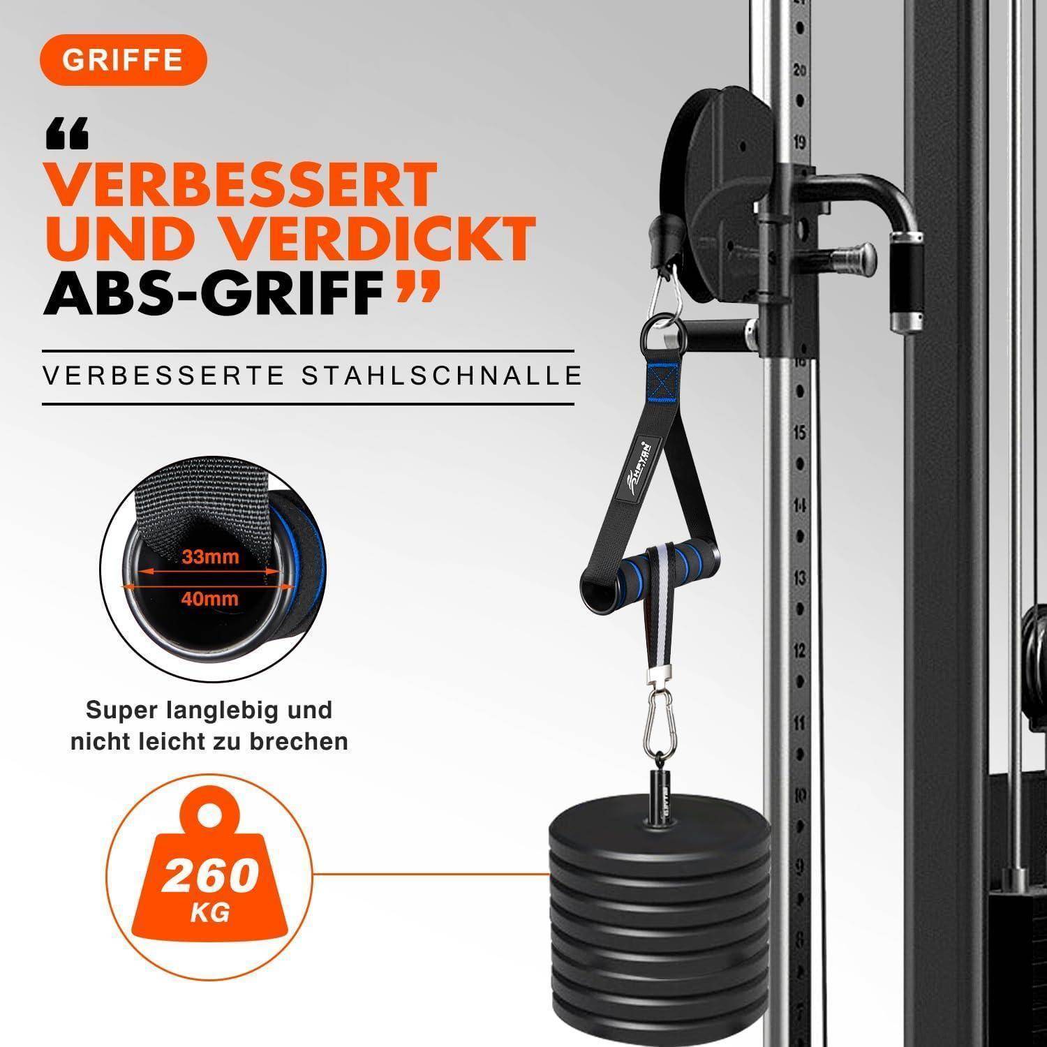 Verbesserter und verdickter ABS-Griff an einem Kabelmaschinengriff mit verstärktem Stahlkanal, 260 kg Belastung und 33 mm/40 mm Größendetail.
