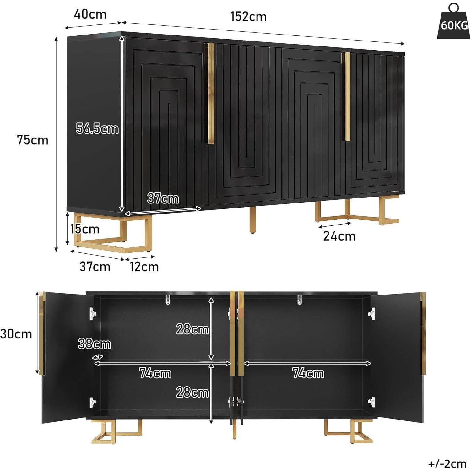 Maßstabgerechte Zeichnung eines schwarz-goldenen Anrichte-Schranks mit Gesamtabmessungen von 152 x 40 x 75 cm, Regal- und Türabmessungen sowie einer Tragfähigkeit von 60 kg.