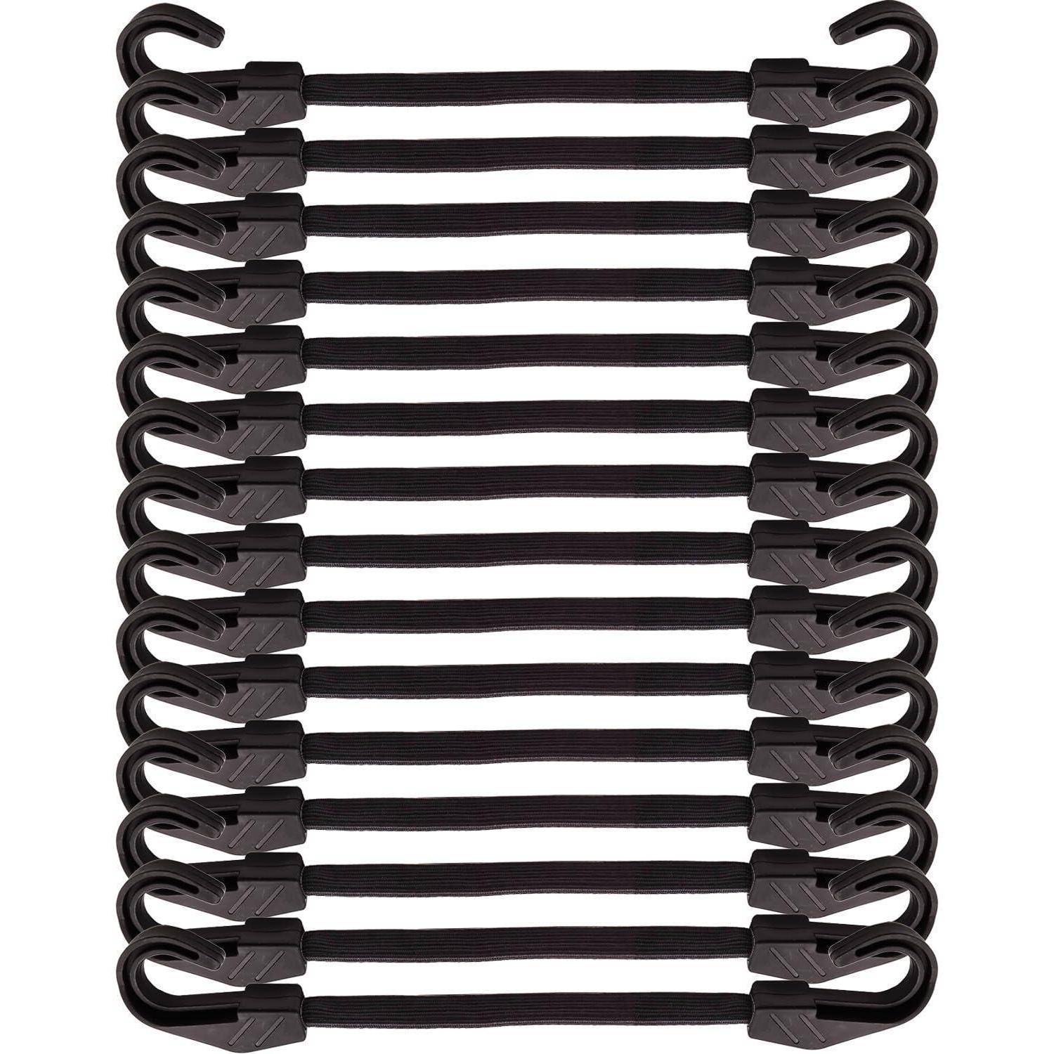 Schwarzer elastischer Bungee-Kabelorganizer mit mehreren verbundenen Schlaufen, die in einem vertikalen Stapel auf weißem Hintergrund angeordnet sind.