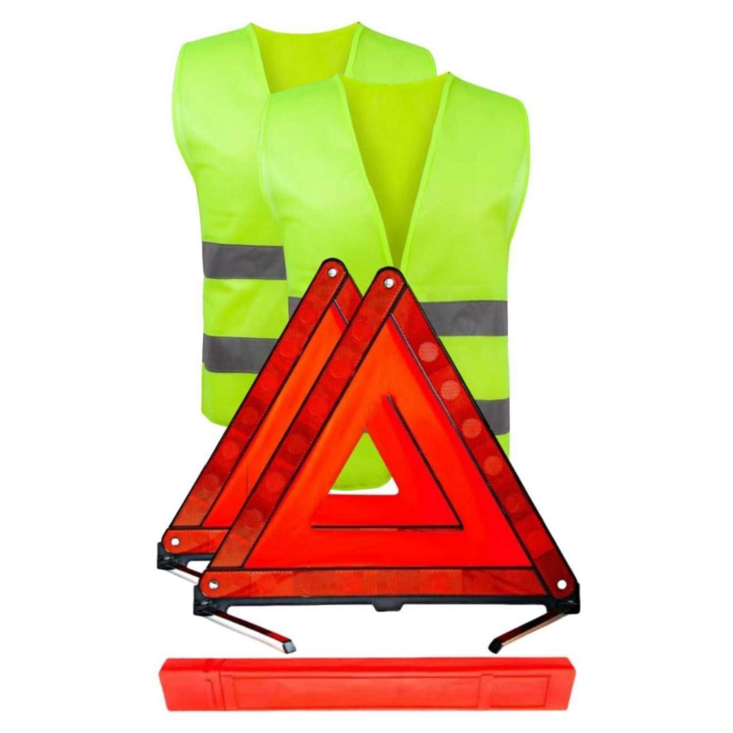 Autosicherheitsset mit neongelben reflektierenden Westen, zwei roten Warndreieken und einer roten Notlichtleiste auf weißem Hintergrund.