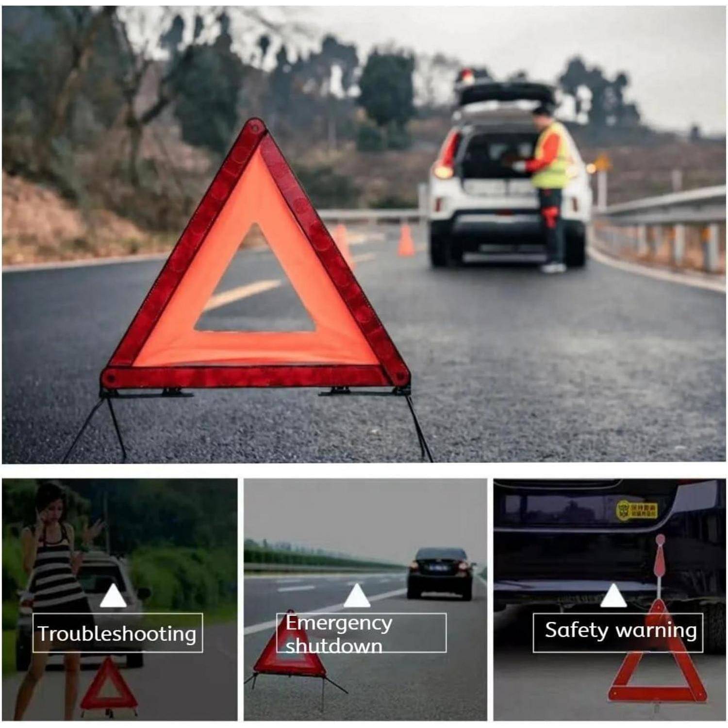 Warnsdreieck auf der Straßenseite vor einem stehenden Auto, mit einem Arbeiter neben der offenen Klappe. Drei kleine Beispiele darunter bezeichnen es als 