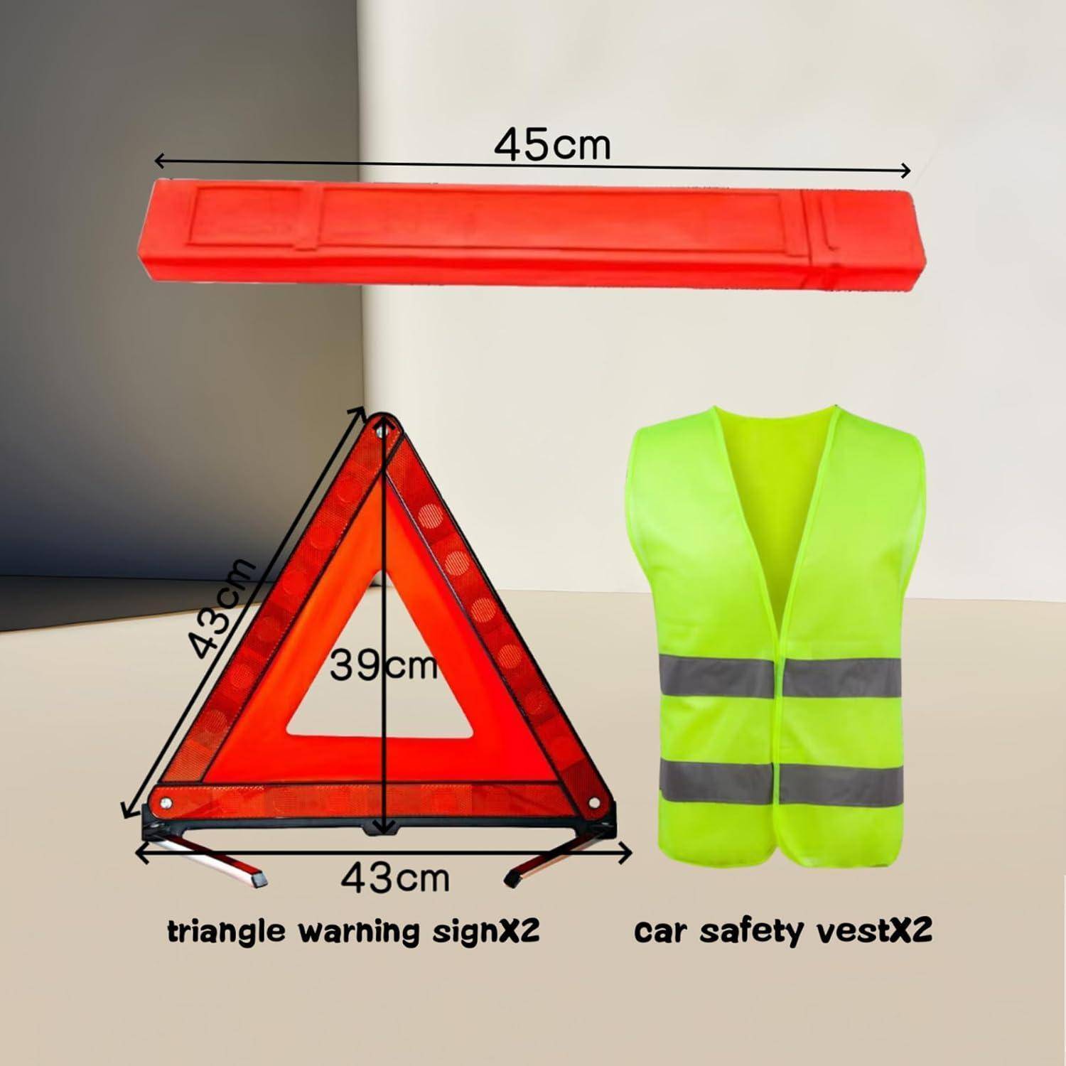 Rotes Dreieck-Warnschild und neongelbe Warnweste für Autos, jeweils als zwei Teile dargestellt; das Schild ist mit 43 cm Höhe und Breite beschriftet, die Weste mit 45 cm Breite.