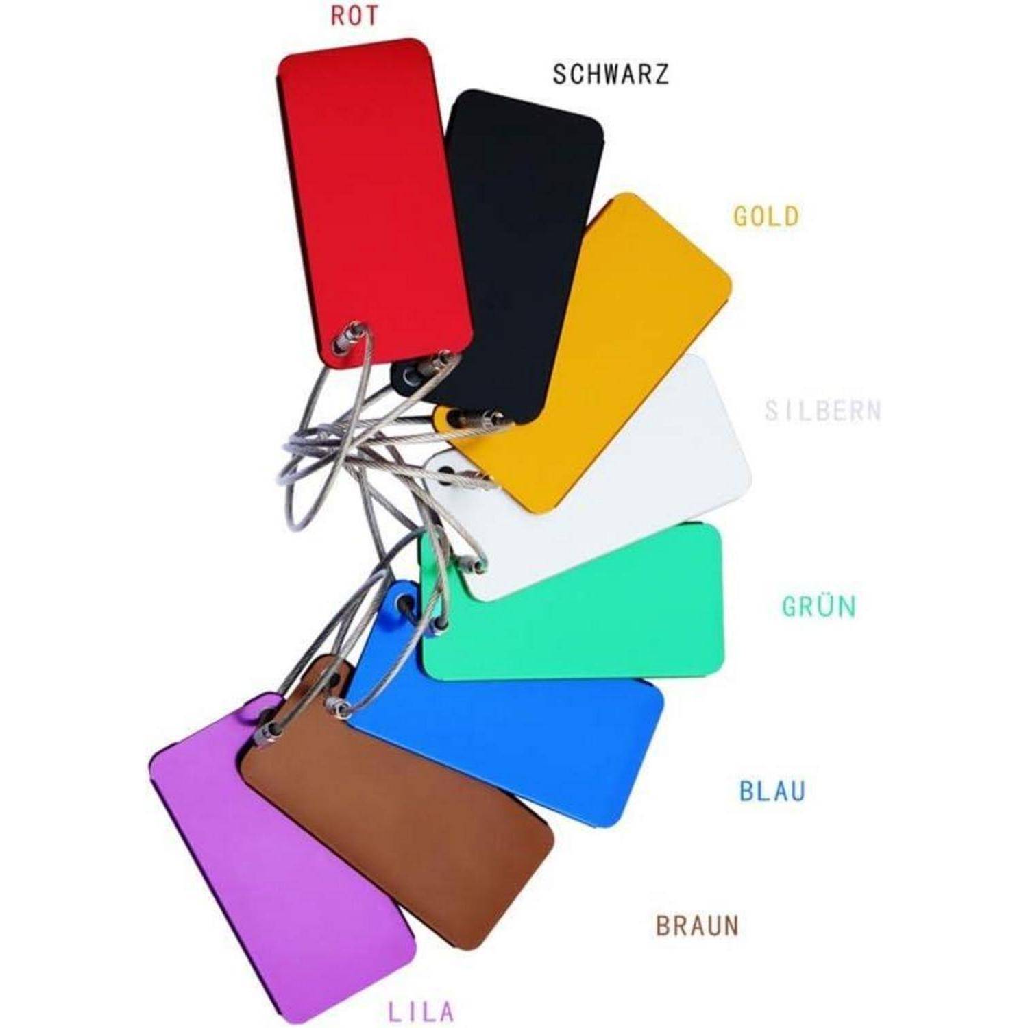 Fächer aus farbigen Schlüsselanhängern, beschriftet in Deutsch: rot, schwarz, gold, silber, grün, blau, braun und violett.