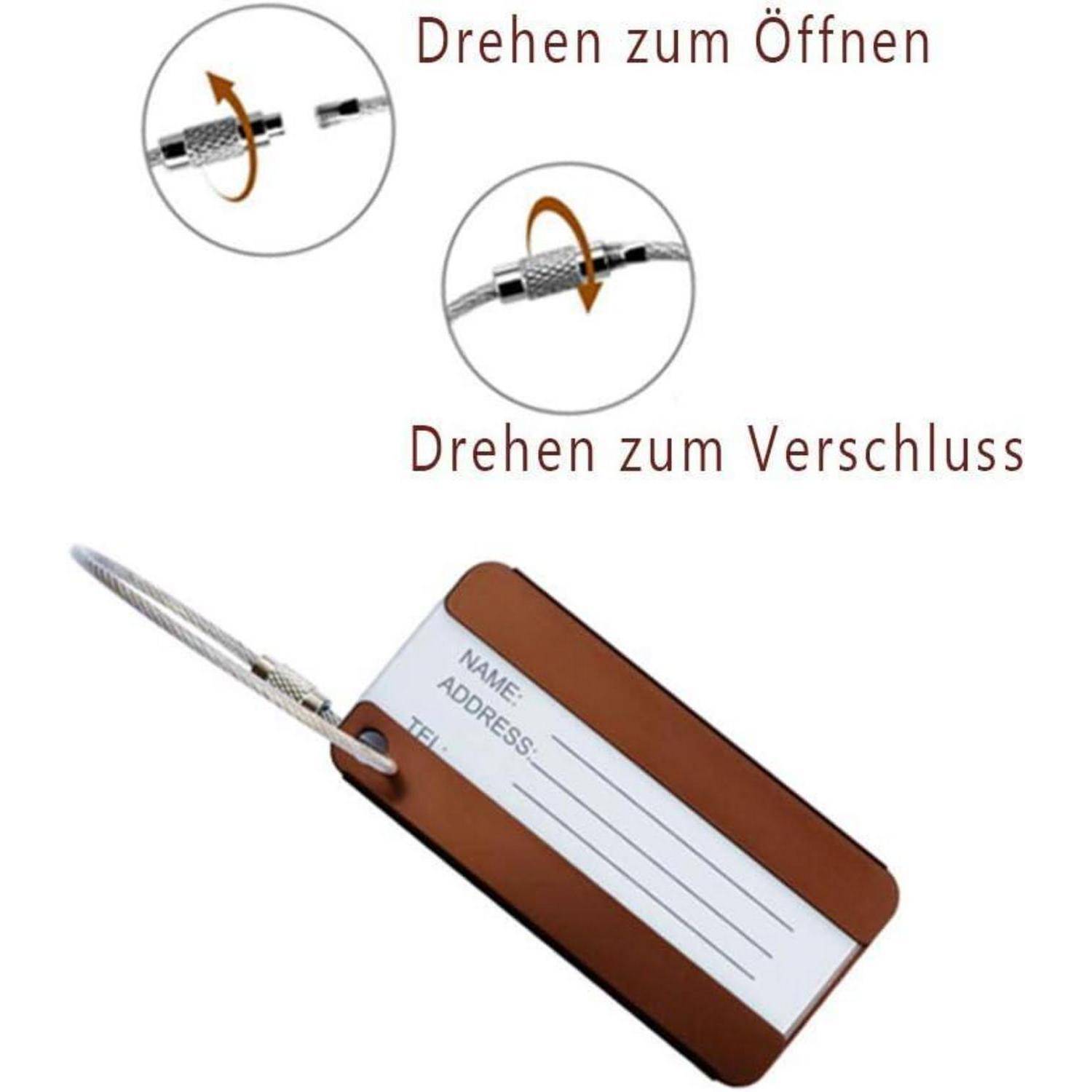 Gepäckanhänger mit Drehverschluss-Anleitung auf Deutsch: „Drehen zum Öffnen" und „Drehen zum Verschluss"", zeigt einen braunen Anhänger mit Feldern für Namen und Adresse.