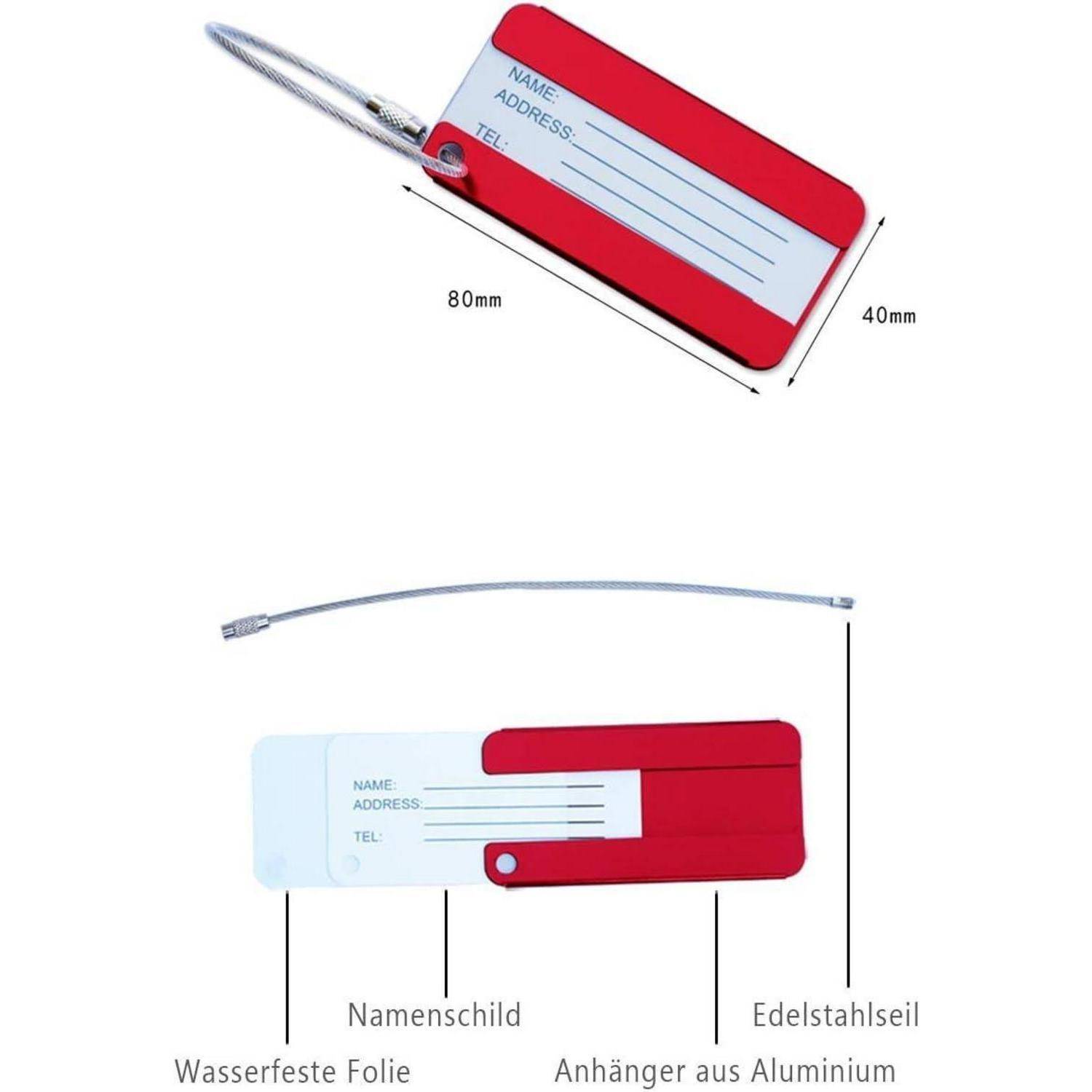 Produktfoto eines rot-weiß gestreiften Kofferanhängers mit Stahldrathschlaufe, gezeigt mit Abmessungen von 80 mm x 40 mm und deutschen Beschriftungen für wasserdichten Film und Aluminium-Etikett.