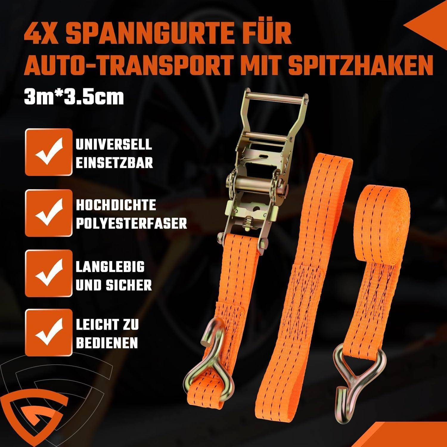 4 x Spanngurt für Autotransport, 3M, 35mm Radsicherungsgurt, 2.000 daN, Auto Transport Zurrgurt Ratschengurt mit Haken zur Radsicherung auf Trailer