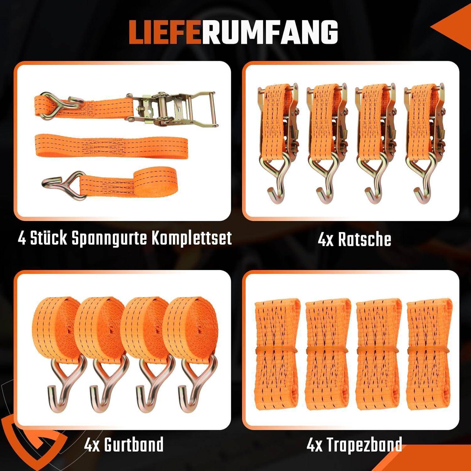 Grafik, die den Packungsinhalt eines orangefarbenen Spanngurtsatzes zeigt: 4-teiliger Ratschengurtsatz, 4 Ratschenmechanismen, 4 Kantenschützer und 4 flache Gurte.