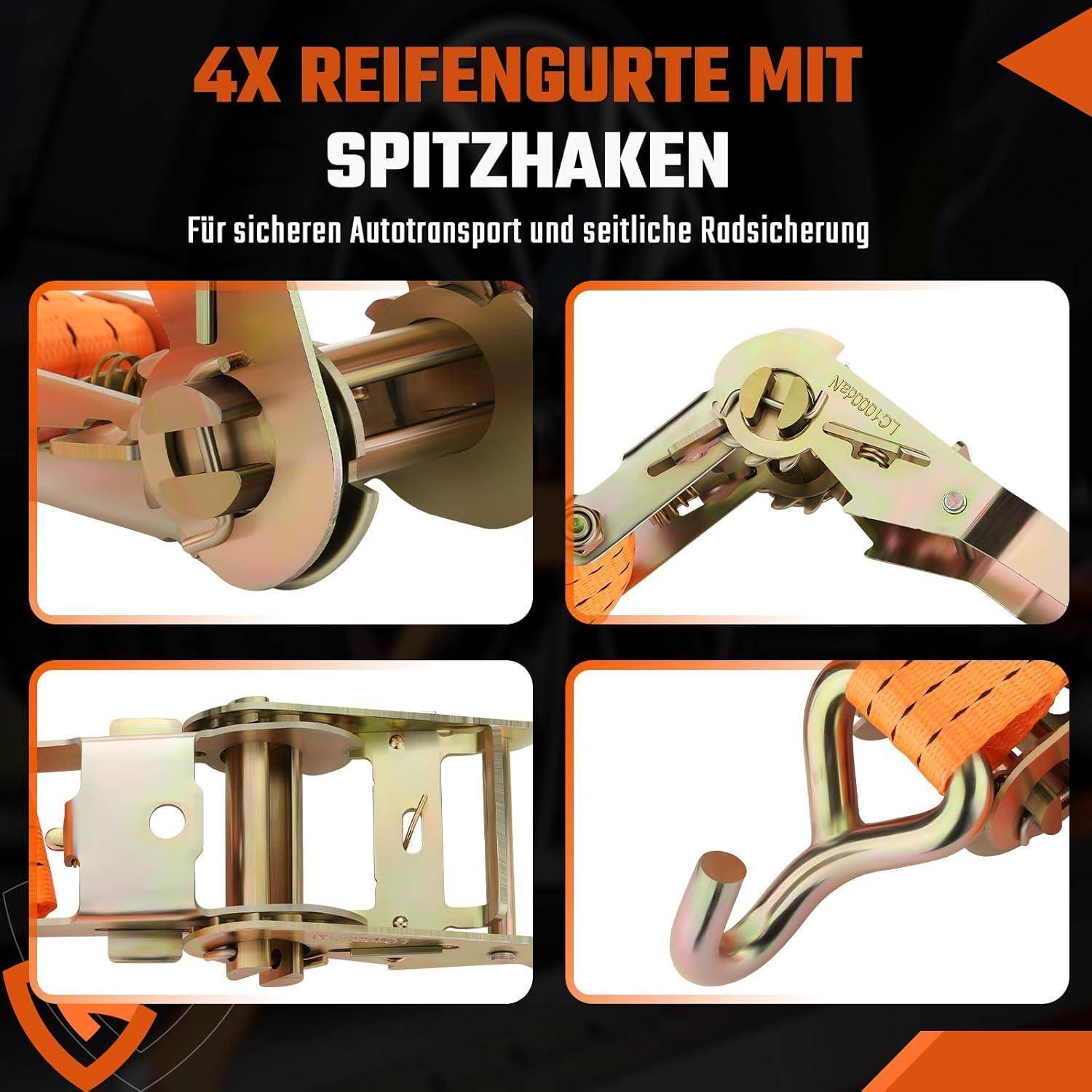 4 x Spanngurt für Autotransport, 3M, 35mm Radsicherungsgurt, 2.000 daN, Auto Transport Zurrgurt Ratschengurt mit Haken zur Radsicherung auf Trailer