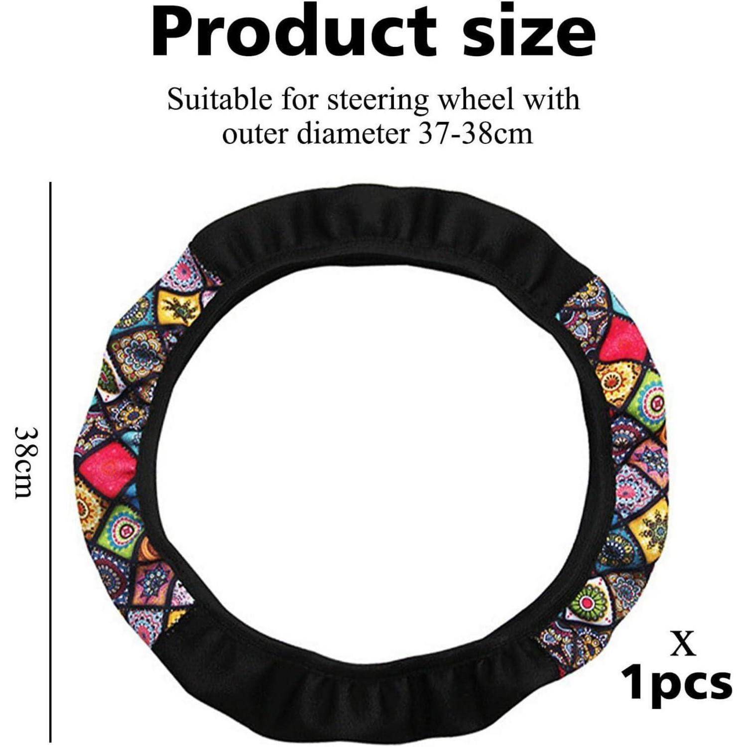 Produktgrößendiagramm einer Lenkradabdeckung für Außendurchmesser 37-38 cm, dargestellt als 38 cm Durchmesser, mit '1 Stück' vermerkt.