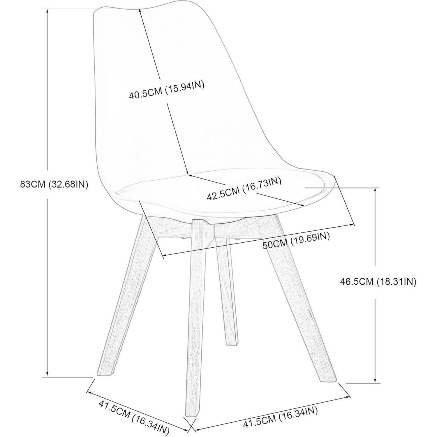 Maßstabgerechte Zeichnung eines modernen Stuhls mit Gesamtabmessungen: 83 cm Höhe, 50 cm Tiefe, 46,5 cm Sitzhöhe, mit beschrifteten Sitz- und Sockelabmessungen.