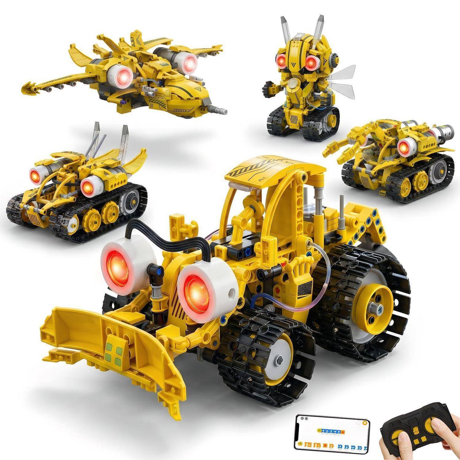 Gelbes LEGO-ähnliches Baufahrzeug und vier alternative Roboter-/Fahrzeugmodelle, gezeigt mit einer Fernbedienung und einer Anleitung.