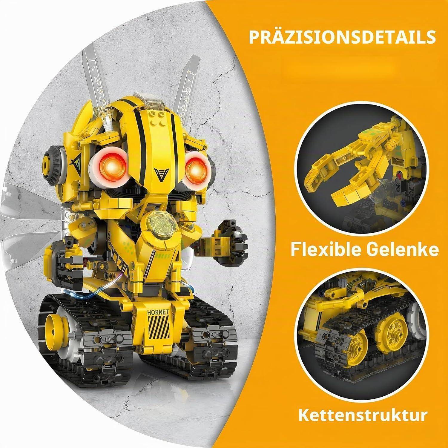Werbebild eines gelben LEGO-ähnlichen Roboterpanzer-Modells mit leuchtenden Augen, das Nahaufnahmen der Funktionen 