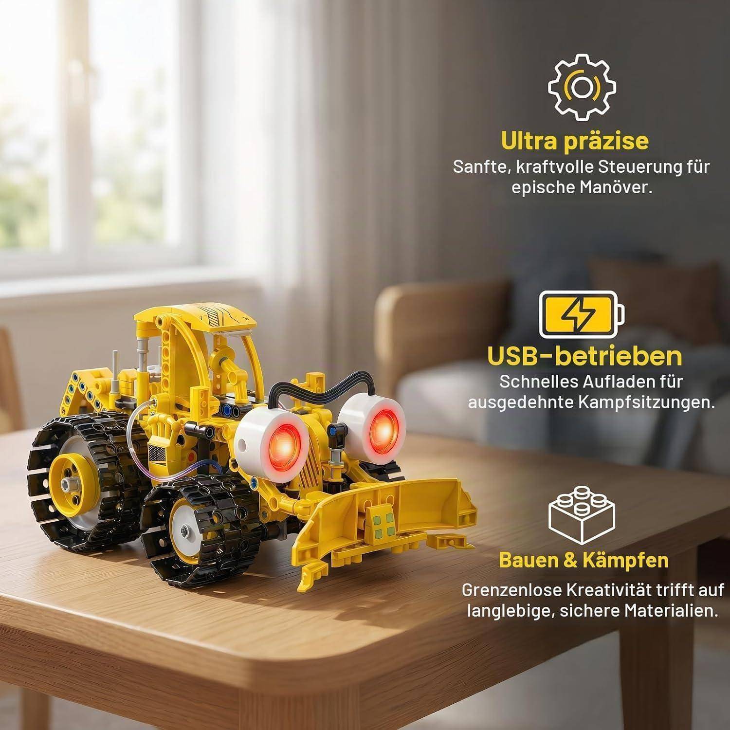 Gelber ferngesteuerter Spielzeug-Bulldozer auf einem Tisch, dargestellt als USB-betriebenes Bau- und Kampfspielzeug mit deutschen Funktionsbeschriftungen: 'Ultra präzise', 'USB-betrieben' und 'Bauen & Kämpfen'.