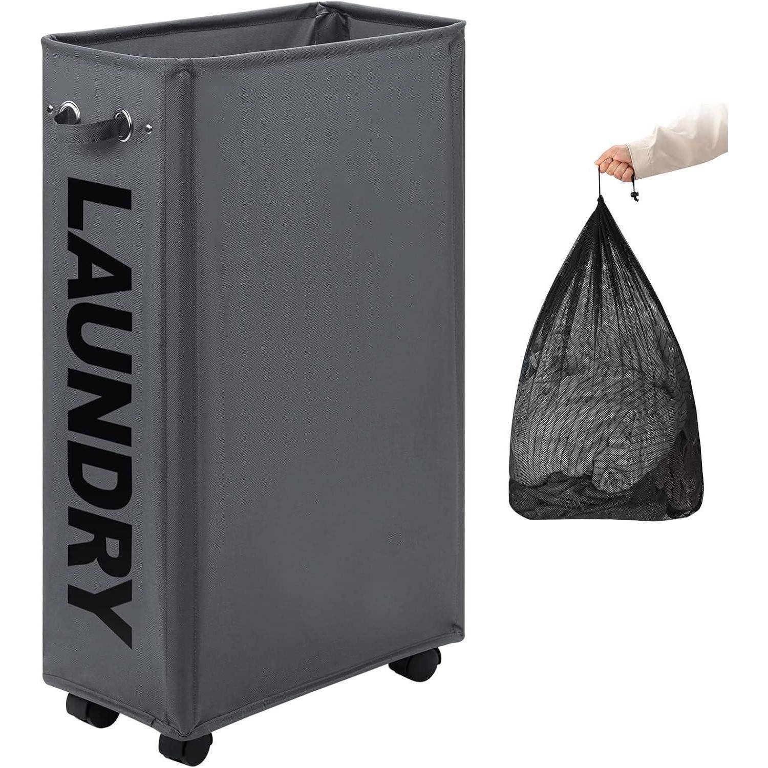 Grauer Wäschekorb mit Rädern mit der Aufschrift „LAUNDRY