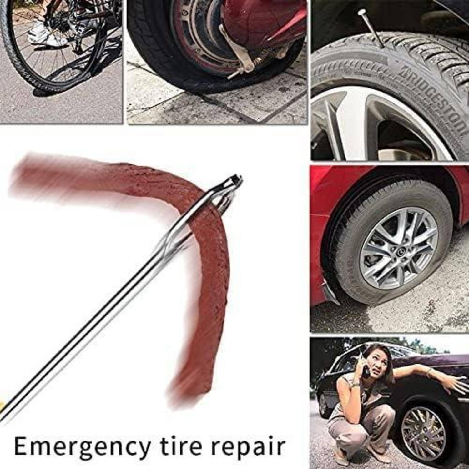 Werbekollage, die ein Reifenreparaturwerkzeug zeigt, das einen braunen Gummistöpsel in einen beschädigten Reifen einführt, mit Nahaufnahmen von beschädigten und reparierten Autoreifen und dem Text „Notfall-Reifenreparatur".