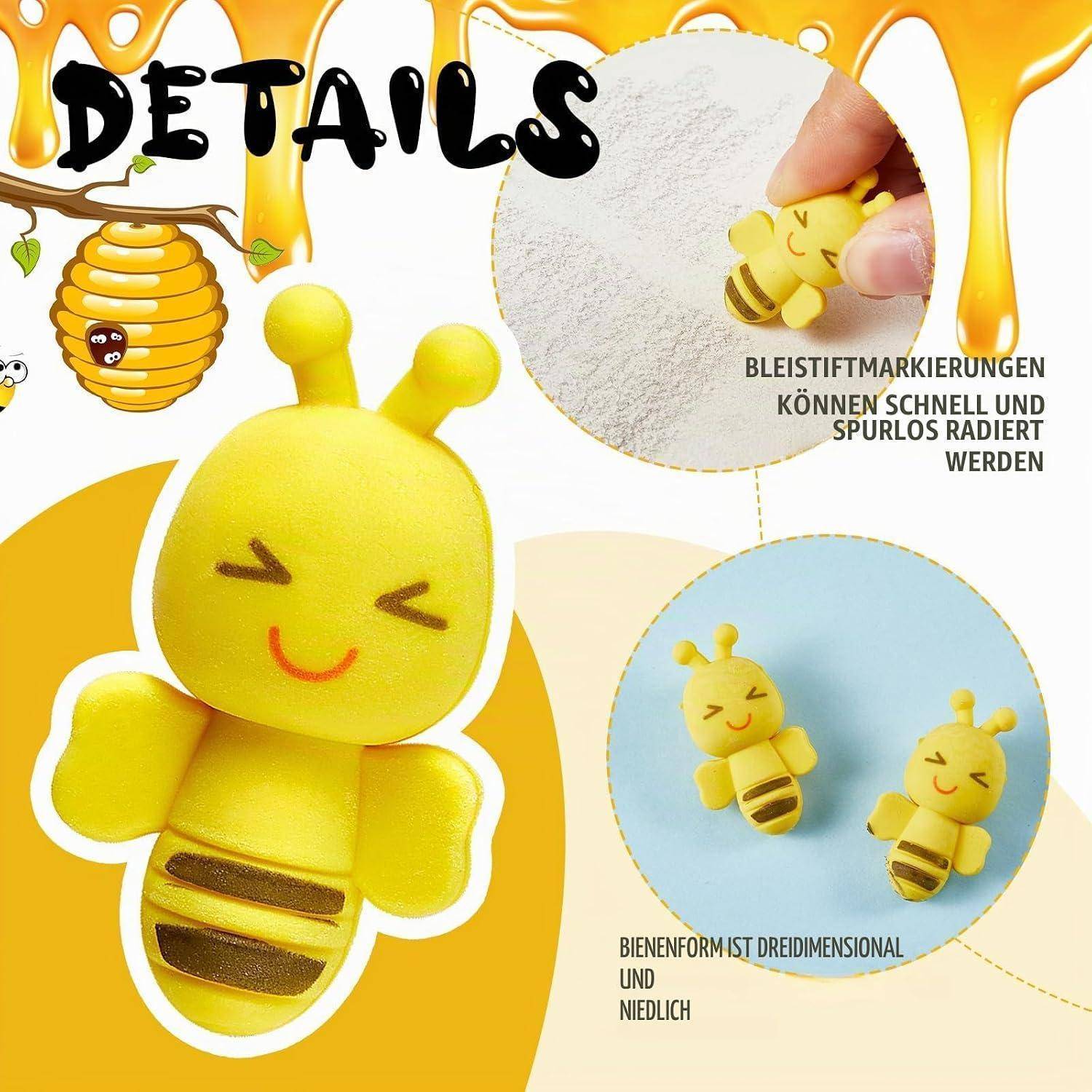 Tenare 12er Schulabschluss Geschenkset Kinder Bienenmotiv | 12 Bleistifte und 12 Radiergummis als Multipack für Party, Mitgebsel, Weihnachten