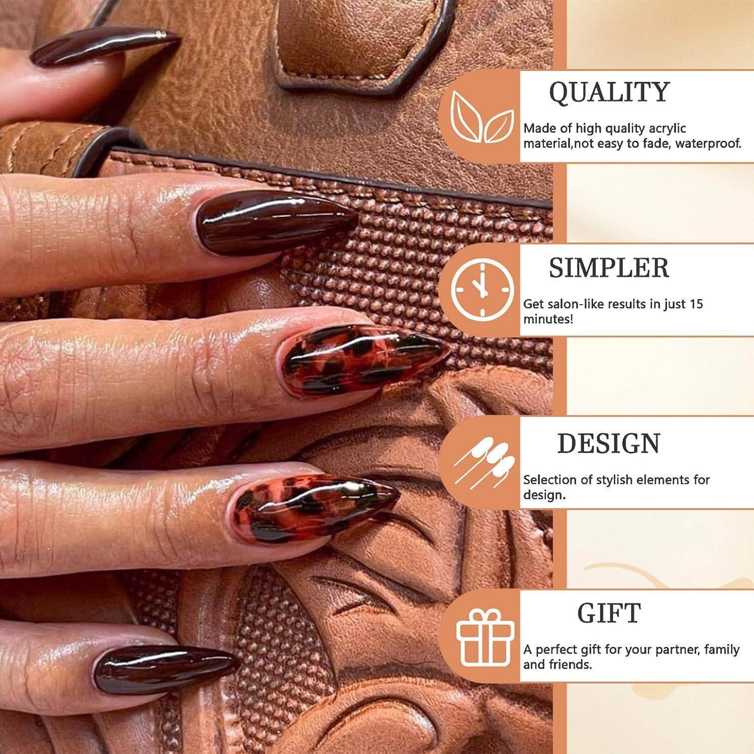 GlamRays 24 Stück Brown Press on Nails Leo Mittel-Mandarin Falsche Nägel Leopard Print Nails Herbst-Kleb-Nagel Design Acryl-Nagel Stiletto Falsche