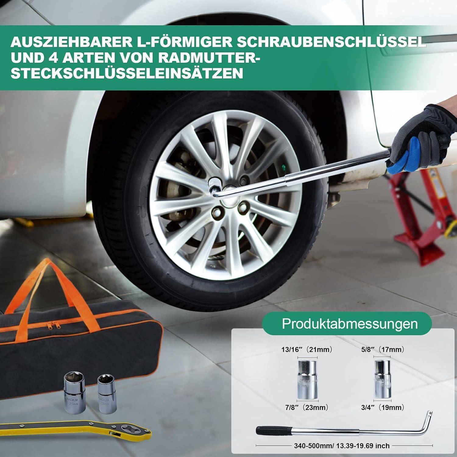 Infografik, die ein Autorrad zeigt, das mit einem L-förmigen Schraubenschlüssel gelockert wird, plus einer Tasche und vier Stecknüssen; Text besagt „AUSZIEHBARER L-FÖRMIGER SCHRAUBENSCHLÜSSEL UND 4 ARTEN VON RADMUTTER-STECKSCHLÜSSELEINSÄTZEN