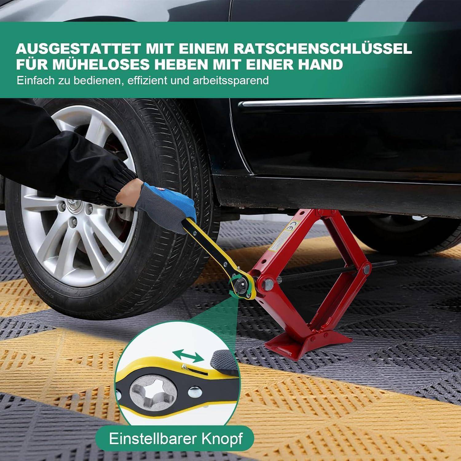Person, der einen ratschenden Schraubenschlüssel zum Heben eines Autos mit einem roten Scherenwagenheber verwendet; Text besagt einfache Bedienung mit einer Hand und verstellbarer Knopf.