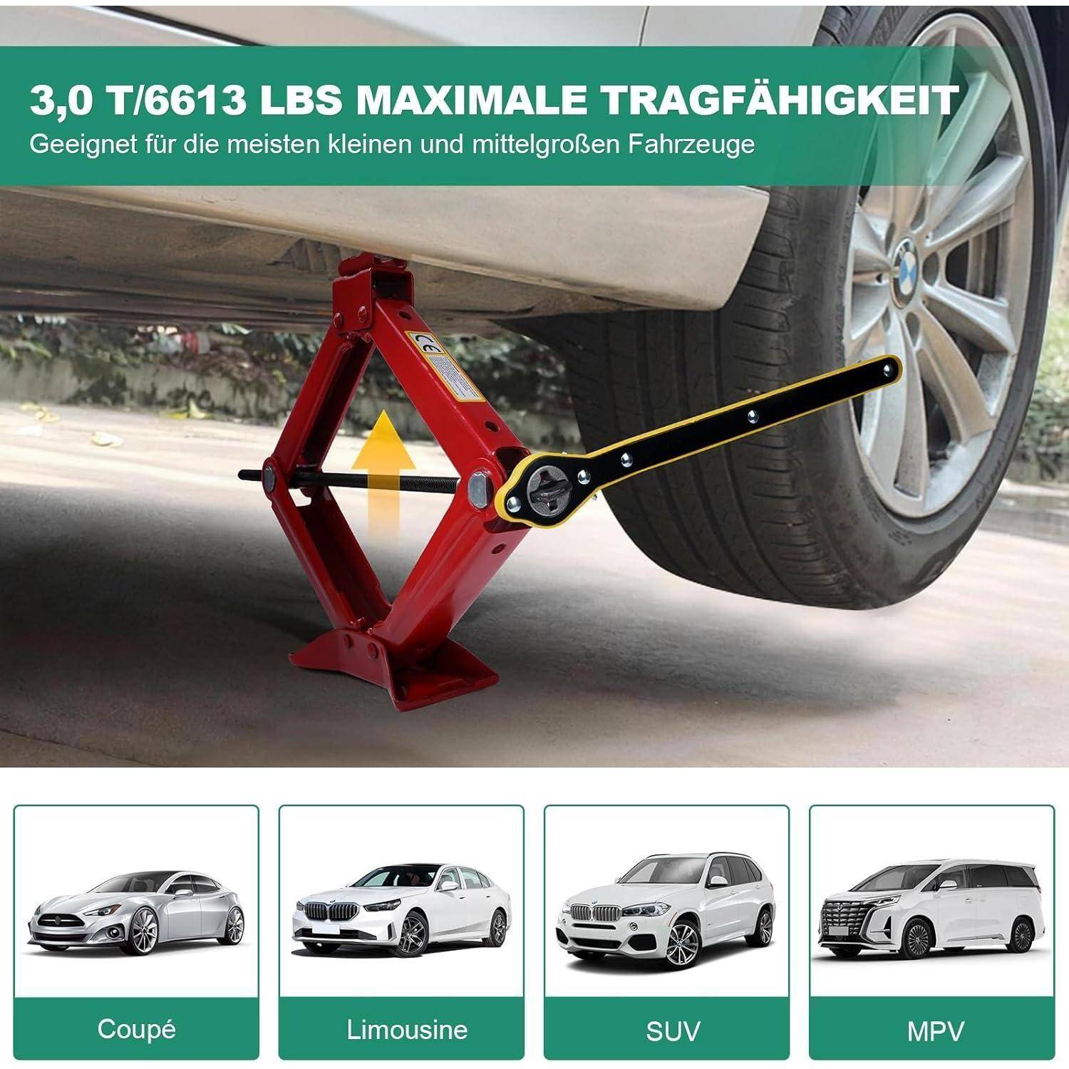 Wagenheber hebt ein Fahrzeug, beschriftet mit „3,0 T/6613 LBS MAXIMALE TRAGFÄHIGKEIT