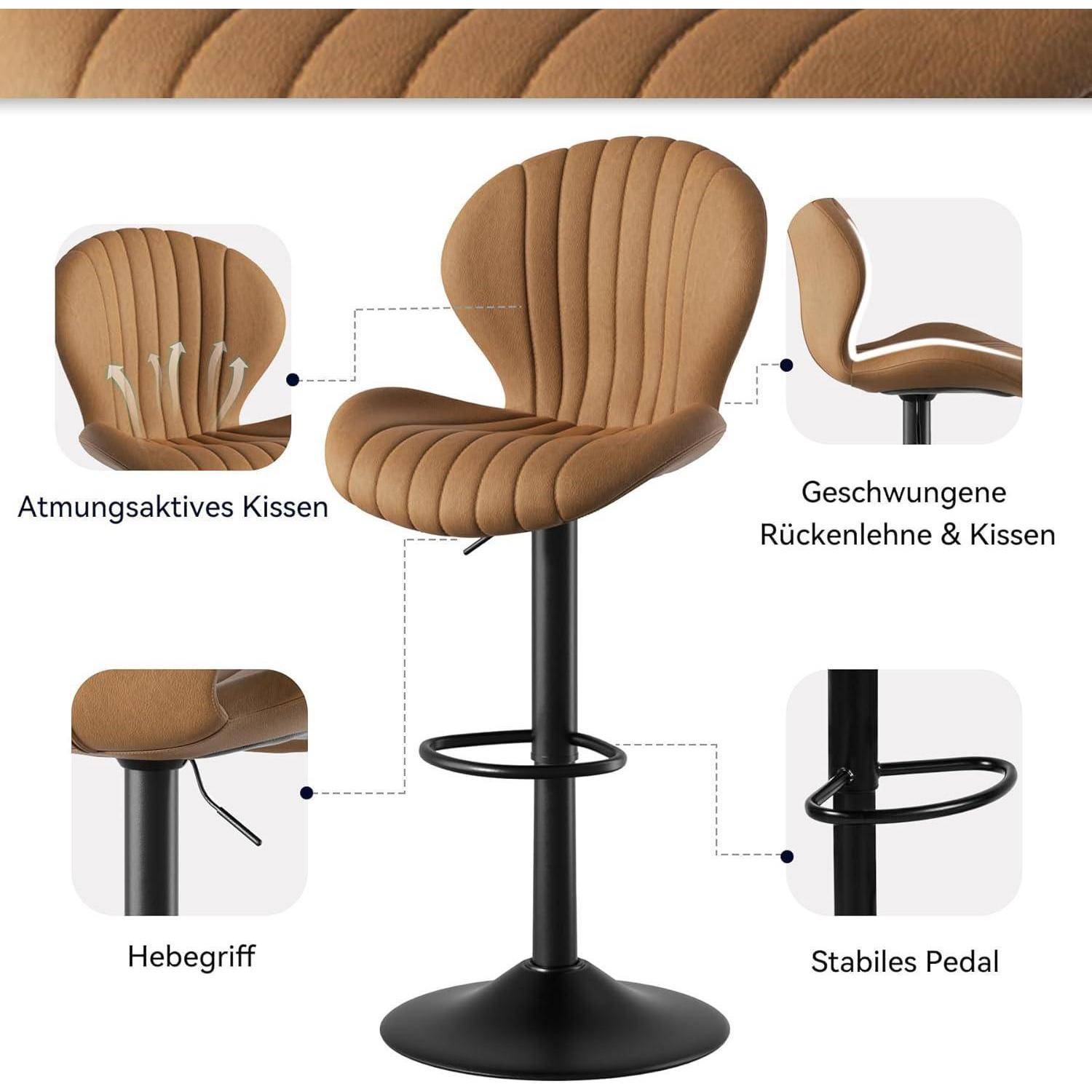 Illustrierter drehbarer Barhocker mit beigefarbenem Schalensitz, schwarzem Sockelfuß und Fußring, gekennzeichnet mit Merkmalen: atmungsaktives Kissen, gekrümmte Rückenlehne, Hubhebel und stabiles Trittbrett.