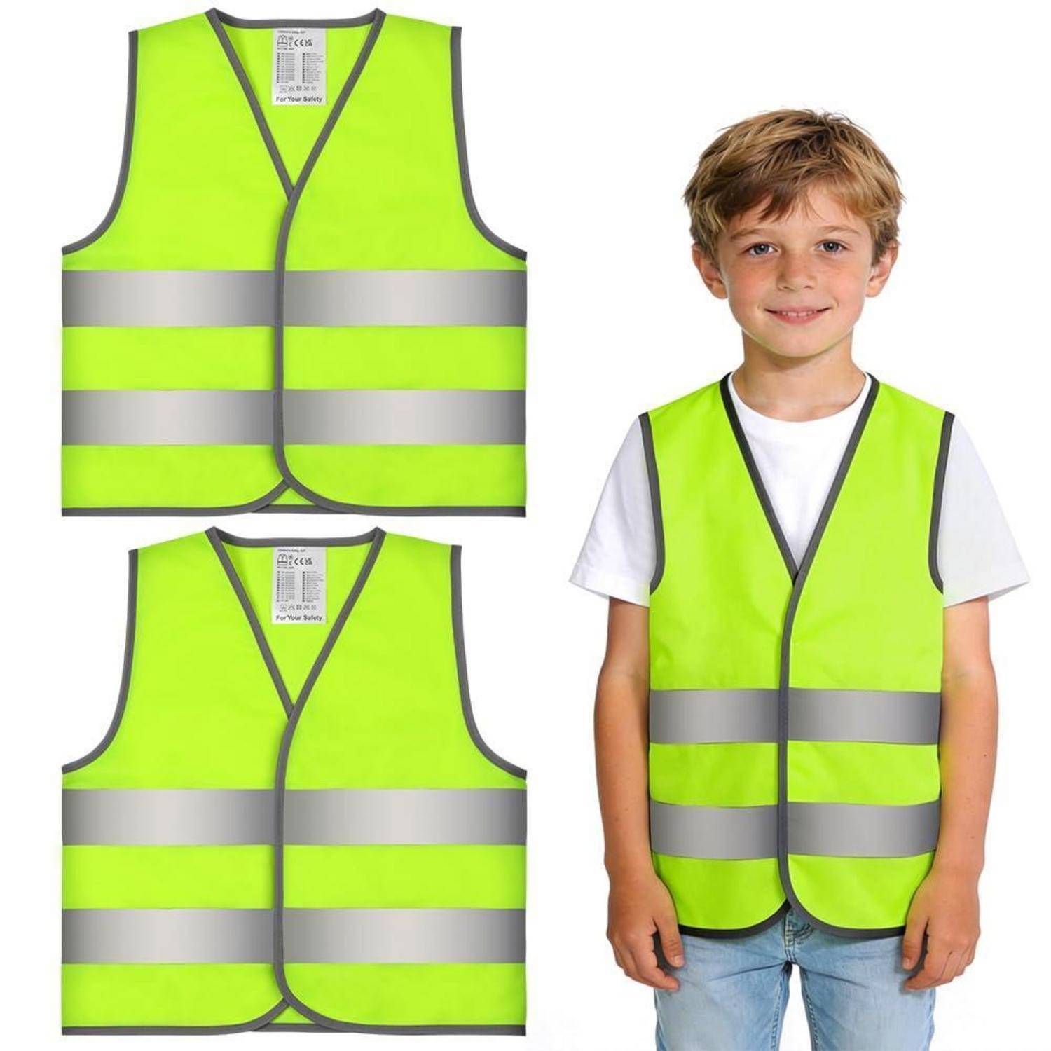 Produktabbildung zeigt einen Jungen, der eine neongrüne reflektierende Sicherheitsweste trägt, mit zwei Vorder- und Rückansichten der Weste auf der linken Seite.