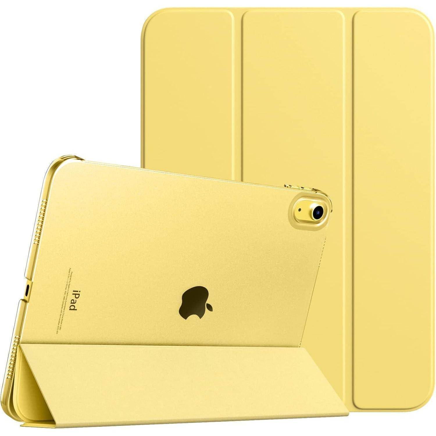 Gold iPad in einem Folio-Case, von vorne und hinten gezeigt, mit sichtbarem Apple-Logo und hinterer Kamera.