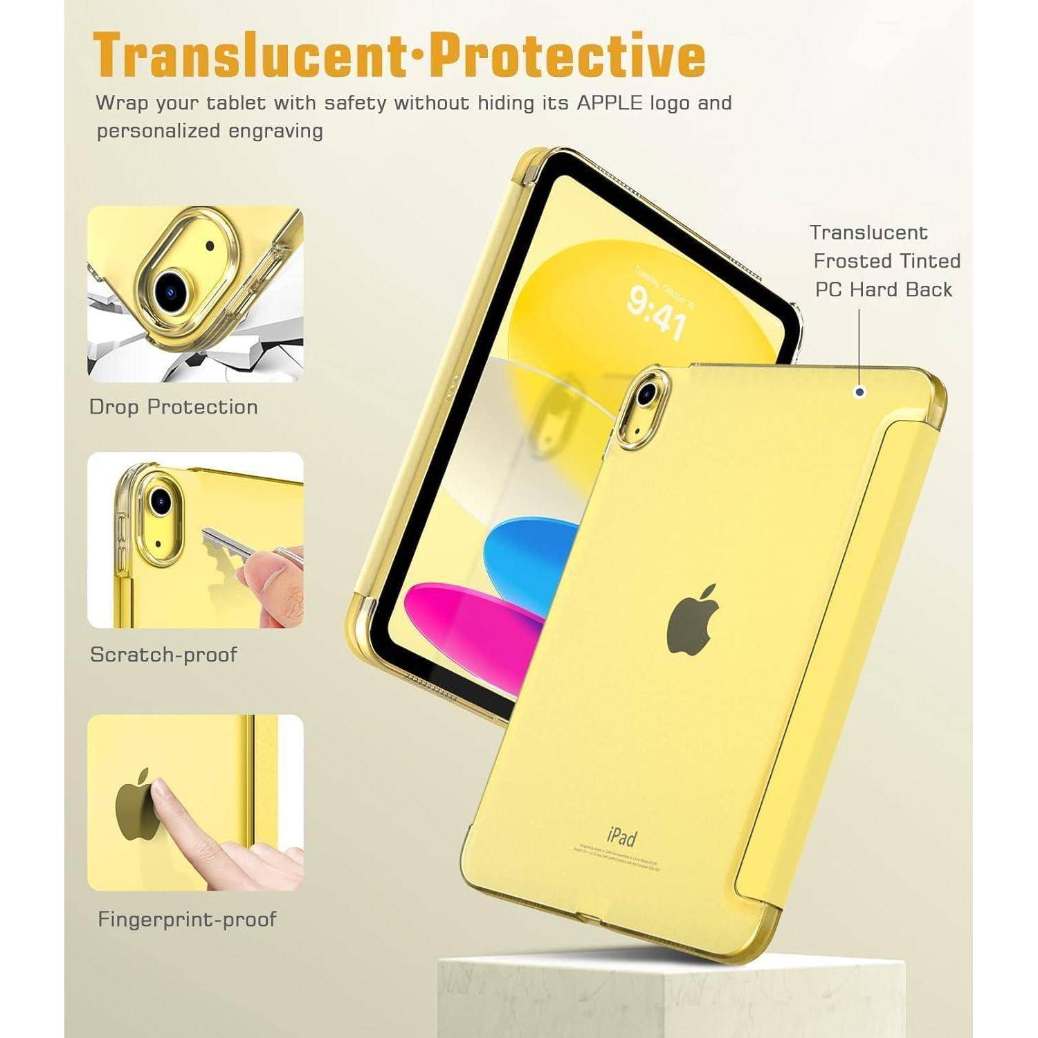 Werbebild einer gelben durchscheinenden iPad-Schutzhülle mit Schutz vor Stürzen, Kratzern und Fingerabdrücken, mit mattiertem hartem Rücken und sichtbarem Apple-Logo.